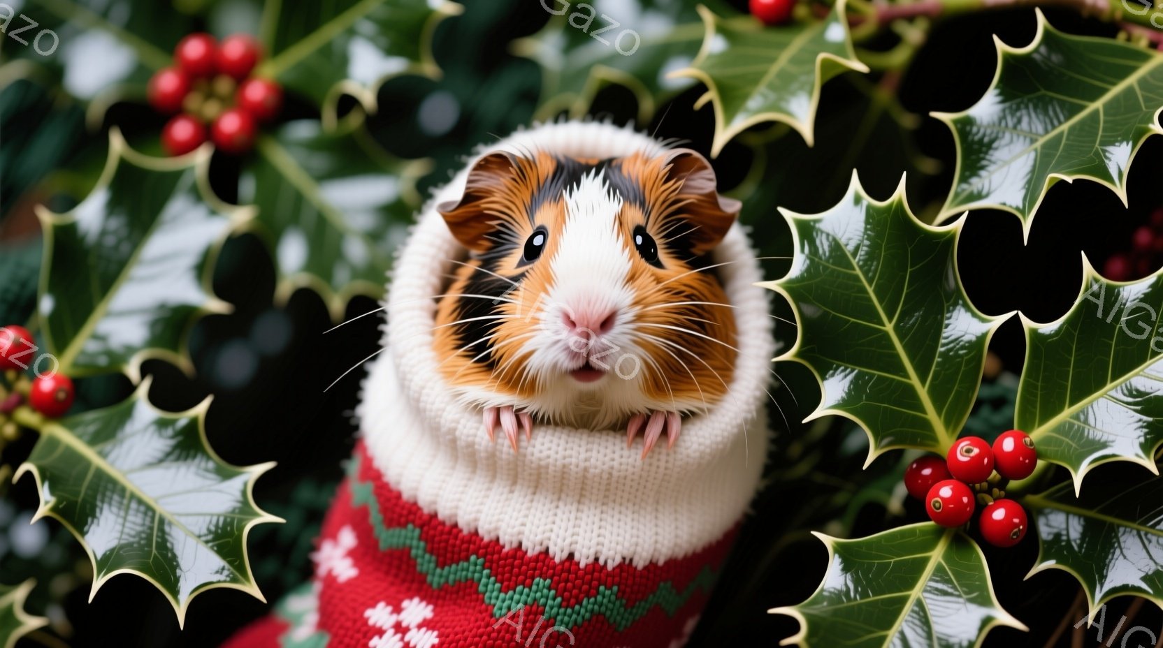 白と赤のニットセーターを着たモルモットが、こちらを見ています。毛並みは白、赤、茶色のミックスで、可愛らしい表情をしています。背景には赤い実のついた緑の葉が密集しており、冬の暖かく、お祝いムードを醸し出しています。