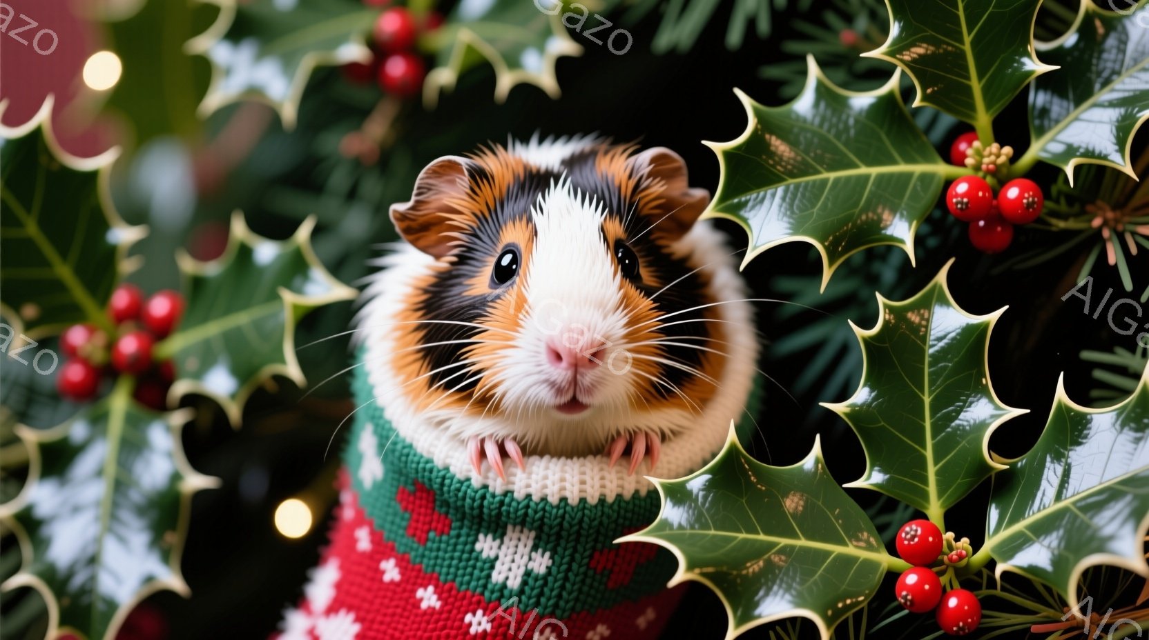 可愛らしいモルモットが、緑と赤のノルディック柄のセーターを着て、正面を見つめています。その表情は穏やかで、まるで微笑んでいるかのようです。背景には、赤い実がなった葉っぱやぼんやりとした光が散りばめられており、クリスマスの雰囲気を醸し出しています。