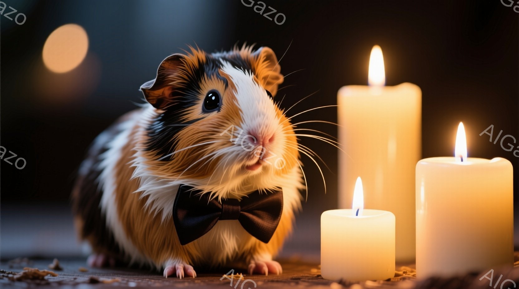白と茶色の毛並みを持つモルモットが、黒い蝶ネクタイを付けて正面を見つめています。モルモットは前足をつけて座っており、少し驚いたような表情をしています。背景には、点灯している白いキャンドルが複数あり、全体的に温かく、少し幻想的な雰囲気を醸し出しています。