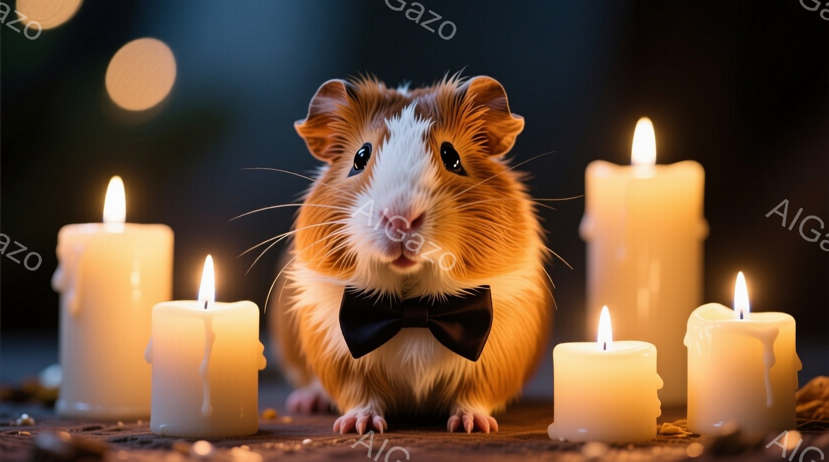 毛むくじゃらの茶色のモルモットが、黒い蝶ネクタイを首に巻いて正面を見つめています。周りには数本の灯されたキャンドルが配置され、暗い背景にぼんやりとした光がぼやけています。全体的に、フォーマルで少しユー - AI生成フリー素材