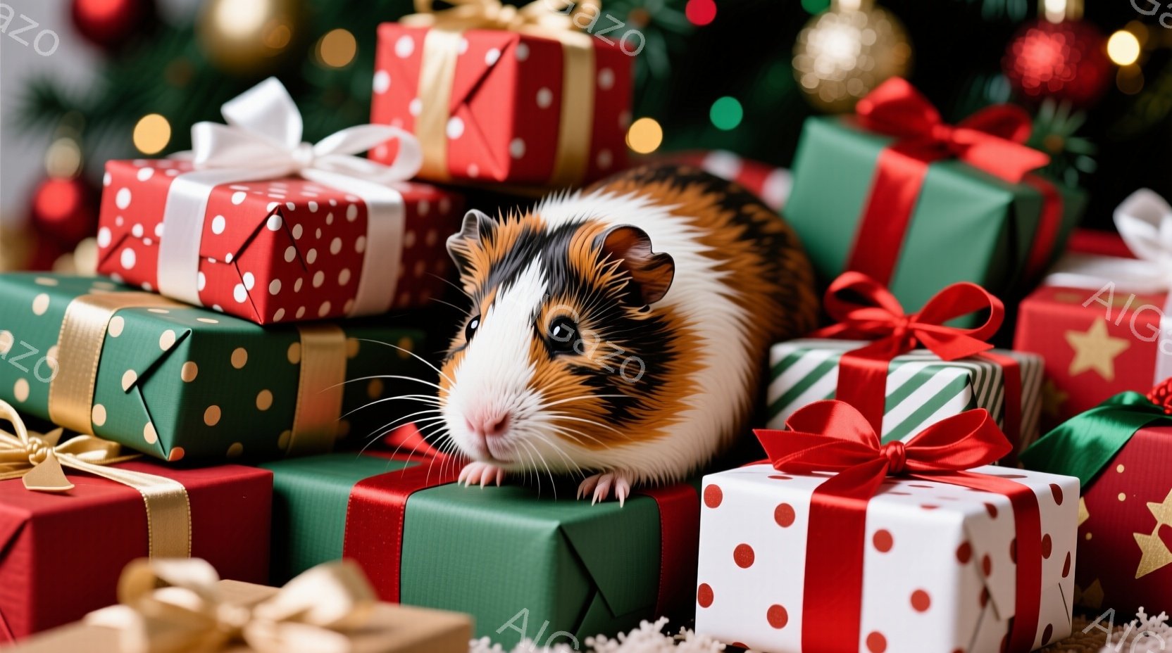 複数のプレゼントボックスに囲まれたモルモットが正面を見つめています。プレゼントは緑、赤、白を基調とし、金色のリボンや水玉模様が施されており、クリスマスや誕生日を連想させます。背景はぼやけており、クリス - AI生成フリー素材