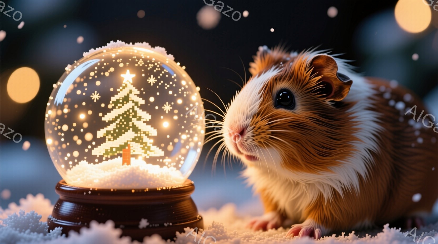 茶色と白の毛並みを持つモルモットが、雪が降る背景の中で輝くスノーグローブの横に座っています。スノーグローブの中には、点灯したクリスマスツリーが雪と共に舞っており、暖かく幻想的な雰囲気を醸し出しています - AI生成フリー素材