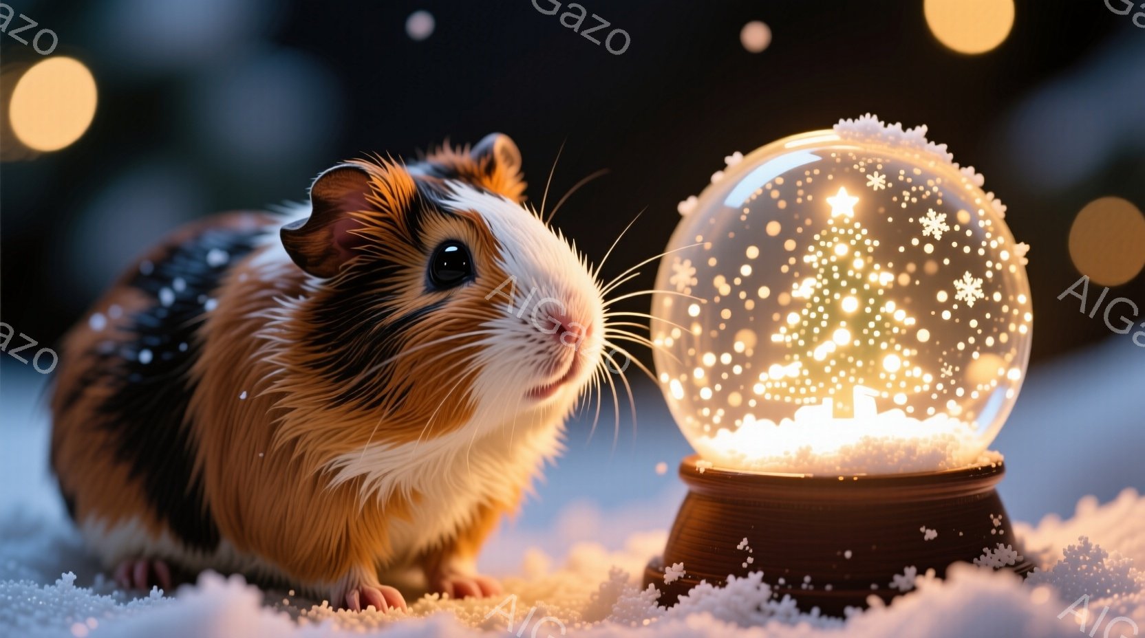 白と茶色の毛並みを持つモルモットが雪の上に座り、輝く雪の結晶が入ったガラス製のスノーグローブを見つめています。モルモットは少し鼻を上げ、好奇心と喜びの表情で、雪の結晶と内部の小さなクリスマスツリーを興味深そうに見つめています。背景は暗く、ぼやけた光と雪が舞っているようで、暖かく幻想的な冬の雰囲気を醸し出しています。