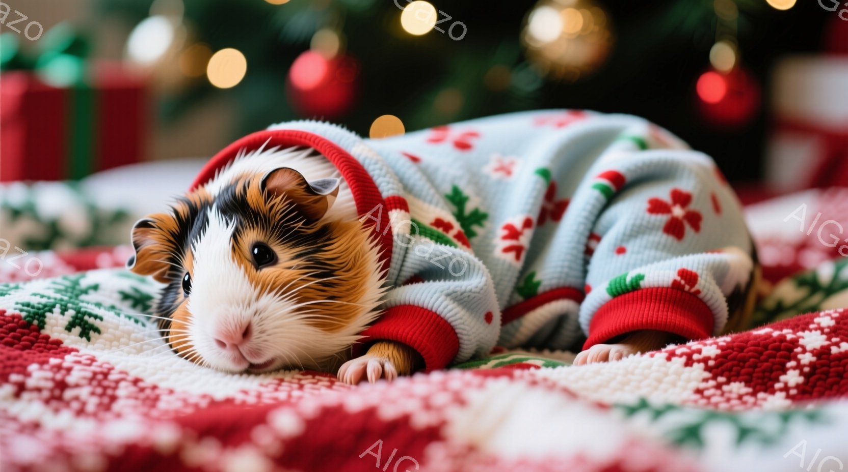鮮やかな黄色の鳥が、赤いリボンが結ばれた木の枝にとまっています。背景は深い緑色で、キラキラと輝く金色のオーナメントが散りばめられており、まるでクリスマスの飾り付けのようです。鳥は羽を少し広げ、リボンを - AI生成フリー素材