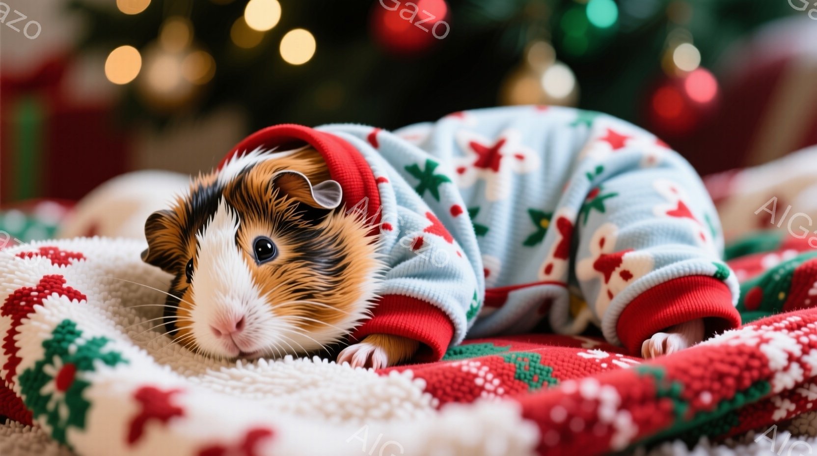 小さなモルモットが、クリスマスの柄が入った青いパーカーを着て、赤い毛布の上に丸まって眠っています。その表情は穏やかで、とてもリラックスしているように見えます。背景にはクリスマスツリーがぼんやりと見え、暖かく、お祝いムードにあふれた雰囲気です。