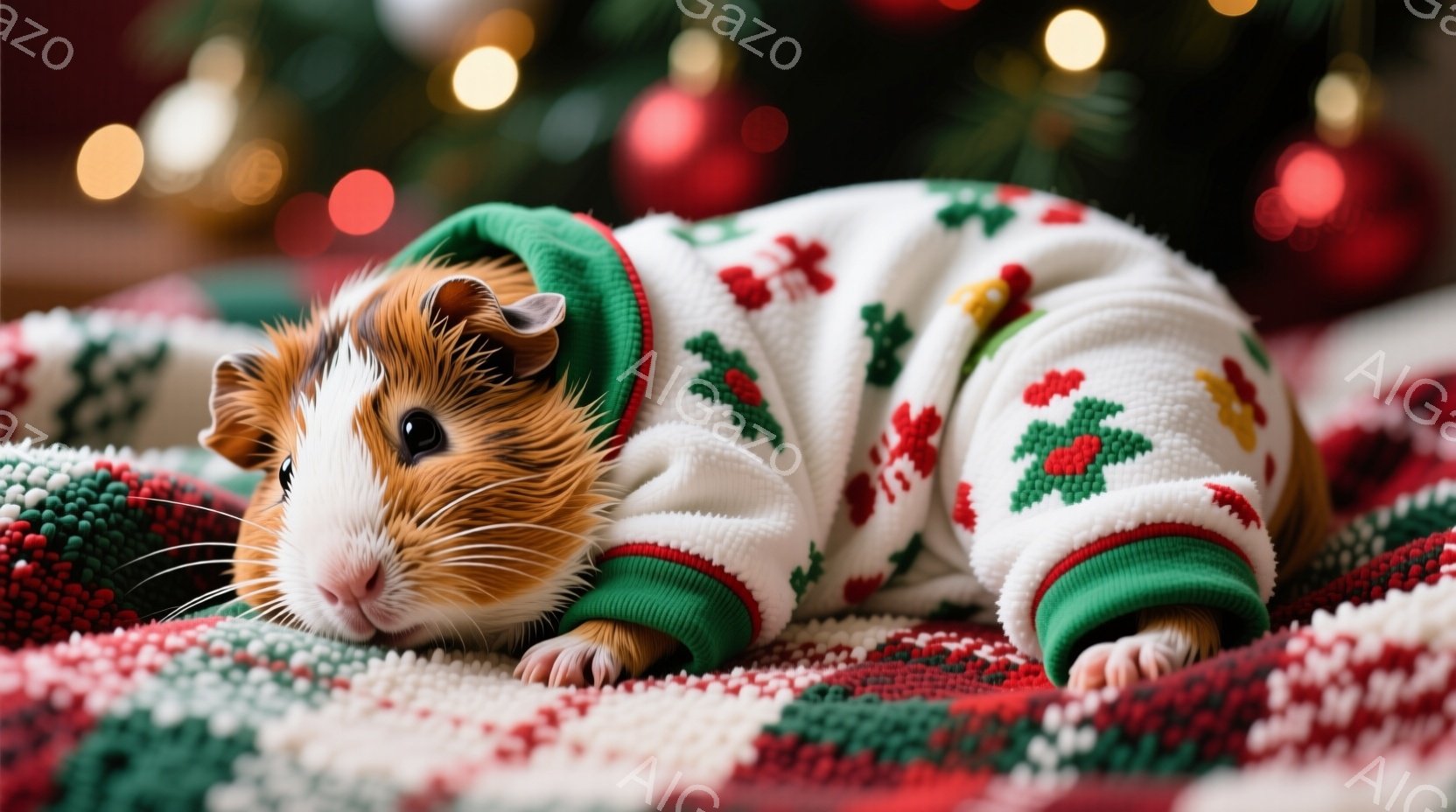 明るい背景に、可愛いモルモットがクリスマスの柄のセーターを着て横たわっています。モルモットは茶色と白の毛並みで、少し眠たげな表情をしています。背景にはぼやけたクリスマスツリーと装飾が見え、全体的に温かく、お祝いムードに満ちています。