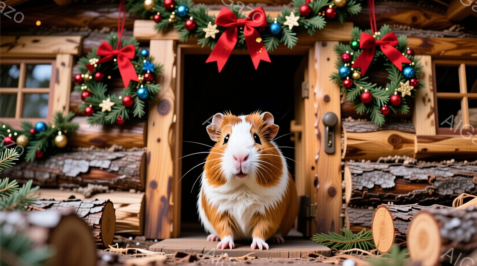 茶色と白の毛並みを持つモルモットが、クリスマスの飾り付けがされた丸太小屋の入り口に座っています。モルモットは正面を見ており、丸い目と小さな鼻が可愛らしい表情を作り出しています。背景には、赤いリボンとオーナメントで飾られたクリスマスリースや、切り株などが配置され、暖かくお祝いの雰囲気が漂っています。