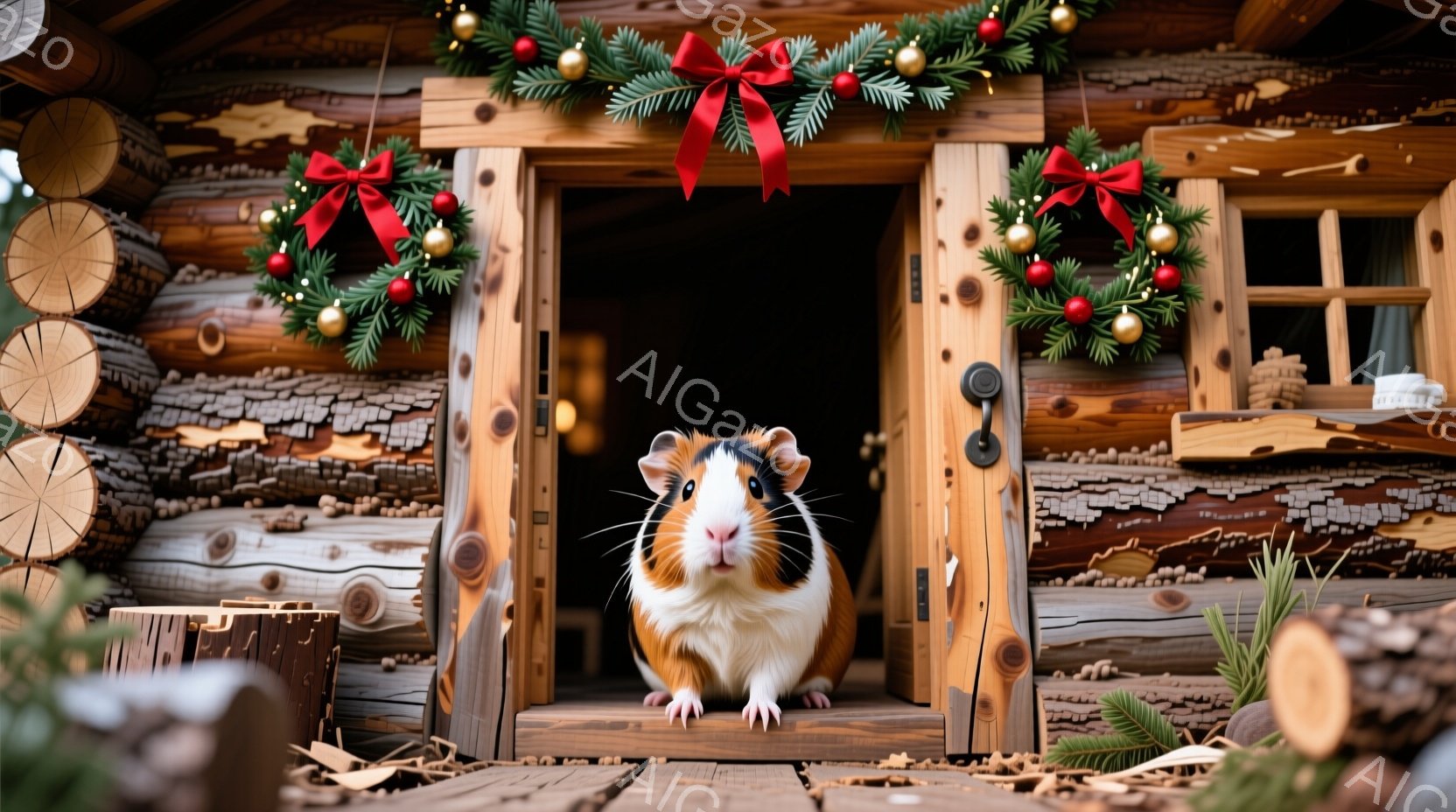 白と茶色の毛並みを持つモルモットが、クリスマスの飾り付けがされた木の小屋の入り口に座っています。小屋は丸太で作られており、入り口には赤いリボンとベリーがついた緑のリースが飾られています。背景には丸太や植物が見え、冬の暖かく居心地の良い雰囲気を醸し出しています。