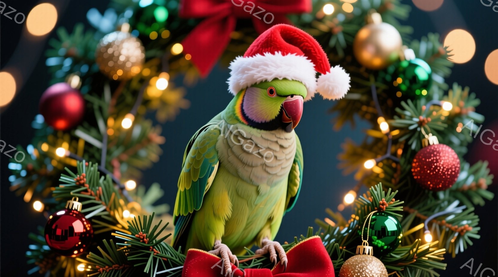 緑色のオウムが、赤いサンタの帽子を被って正面を見つめています。背景には、クリスマスツリーの飾りや電飾があり、赤いリボンがオウムの周りを飾り付けています。全体的に、温かく、お祝いの雰囲気で、クリスマスの喜びが感じられます。