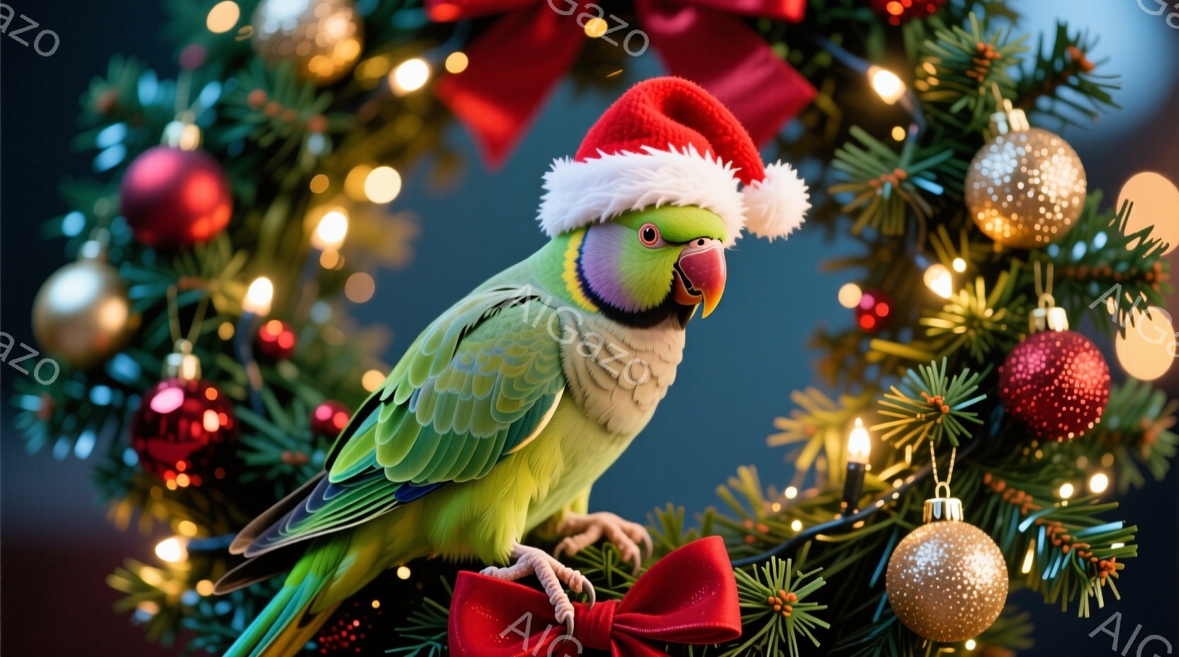 明るい緑色のオウムが、赤いサンタの帽子をかぶってクリスマスの飾り付けられた木に止まっています。その表情は穏やかで、赤いリボンに足が触れています。背景には、金色のオーナメントと光る電飾で飾られたクリスマスツリーが写り、お祝いの雰囲気を醸し出しています。