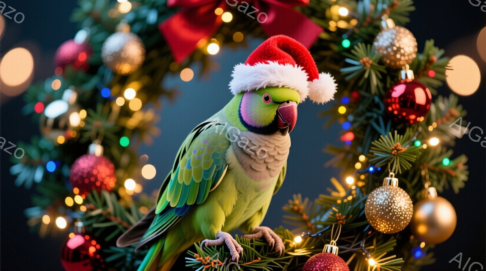 明るい緑色のオウムがクリスマスツリーの枝に止まっており、頭には赤いサンタ帽をかぶっています。その表情は穏やかで、好奇心旺盛に何かを見つめているようです。背景には、色とりどりのオーナメントで飾られたクリスマスツリーがぼやけており、華やかで暖かいクリスマスの雰囲気が漂っています。