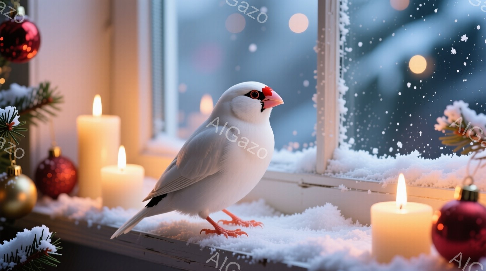 白いインコが雪の積もった窓辺に佇んでいます。周りには赤いクリスマスオーナメントや点灯したキャンドルが並べられ、背景にはぼやけた冬の風景が広がっています。暖かく穏やかな雰囲気が漂い、ホリデーシーズンの静寂と美しさを表現しています。