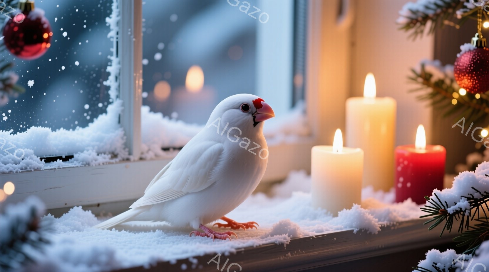 白いオカメインコが雪の積もった窓辺に立っており、赤い足と顔が鮮やかです。背景には燃えるキャンドルとクリスマスツリーの緑が暖かく、雪景色と調和しています。全体的に穏やかで冬の静けさを感じる、ほっとする雰囲気です。