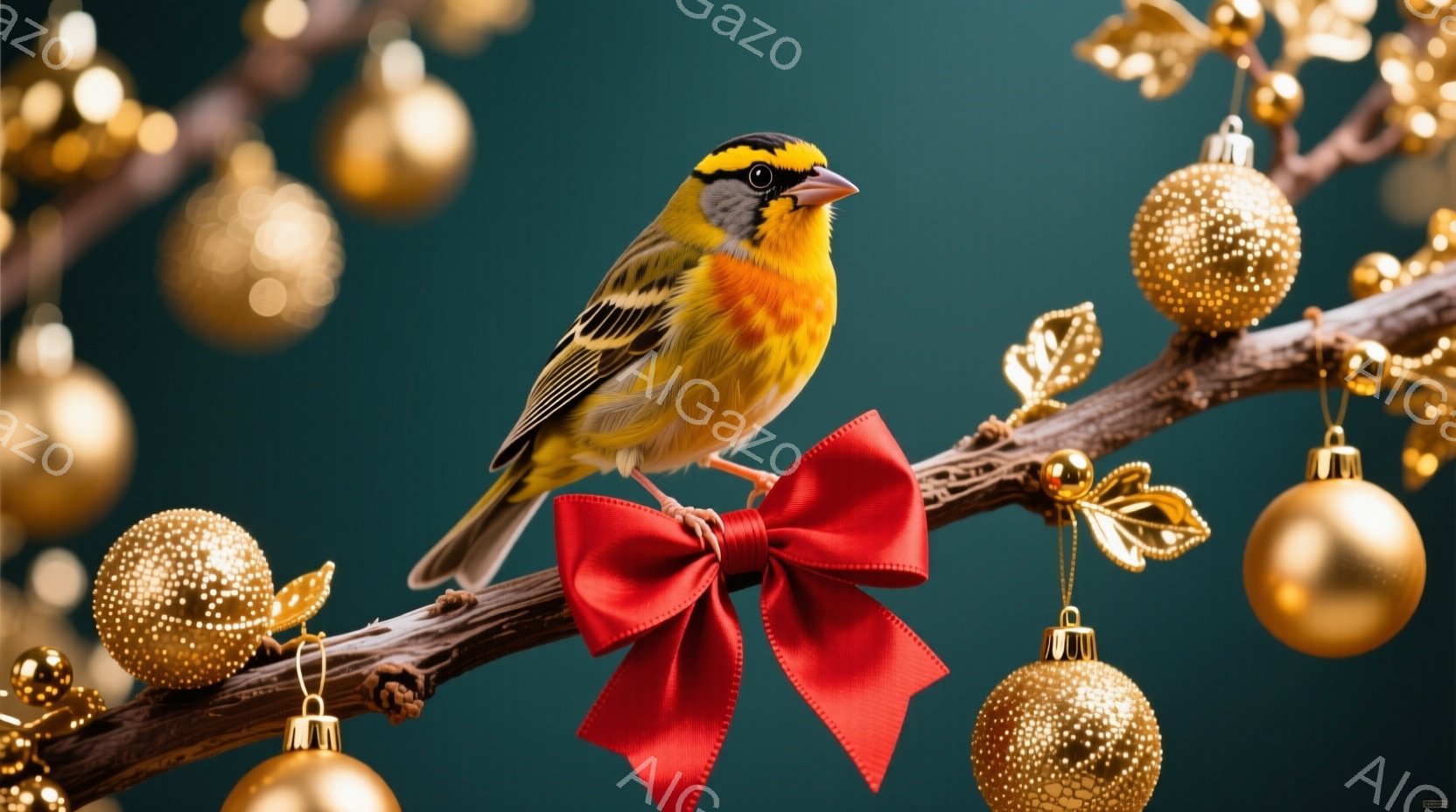 明るい黄色の鳥が、赤いリボンと金色のオーナメントで飾られた枝に止まっています。鳥は正面を向き、少し上を見つめているように見え、その鮮やかな色彩が印象的です。背景は深緑色で、キラキラと輝くオーナメントが鳥を引き立て、暖かく華やかなクリスマスの雰囲気を醸し出しています。