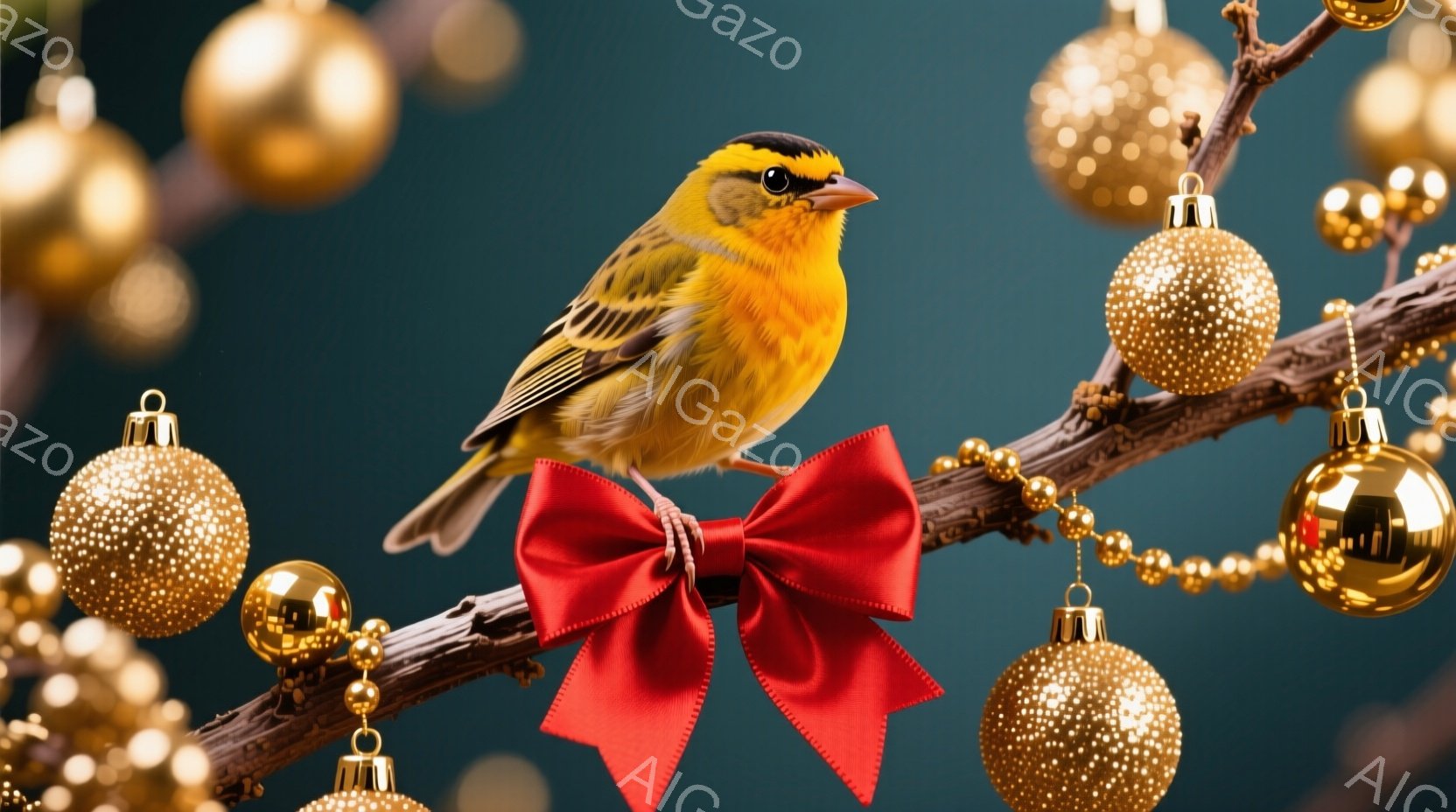 黄色い鳥が、赤いリボンが結ばれた木の枝にとまっています。背景は深い緑色で、キラキラと輝く金色のオーナメントやガーランドで華やかに飾られています。全体的に温かく、お祝いの雰囲気を感じさせる、冬のホリデー - AI生成フリー素材
