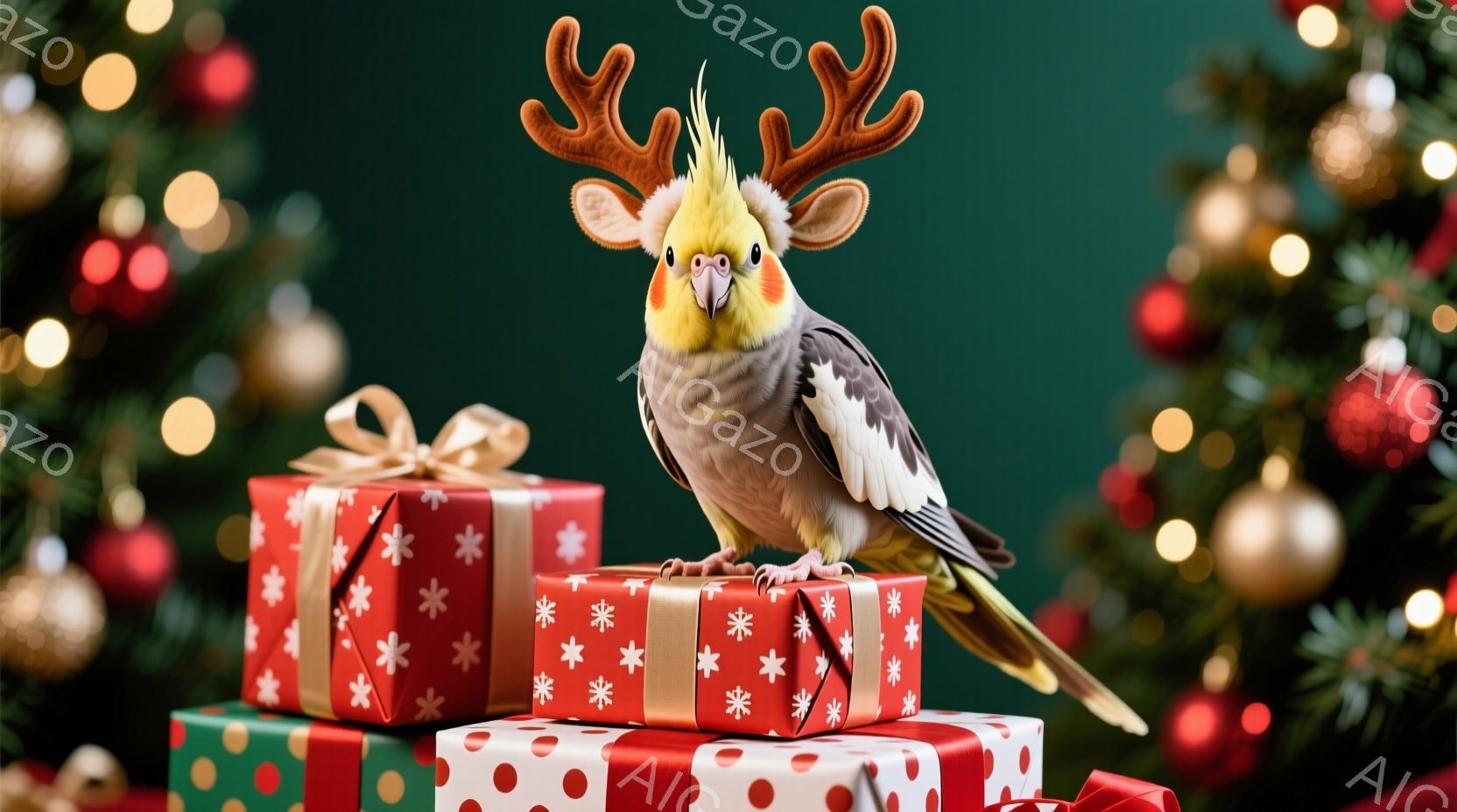 インコがクリスマスプレゼントの山の上に立っており、頭にはトナカイの角をつけています。背景にはキラキラと光るクリスマスツリーの飾りがあり、温かくお祝いの雰囲気が漂っています。プレゼントは赤と緑の包装紙で結ばれており、全体的に明るく楽しい印象です。