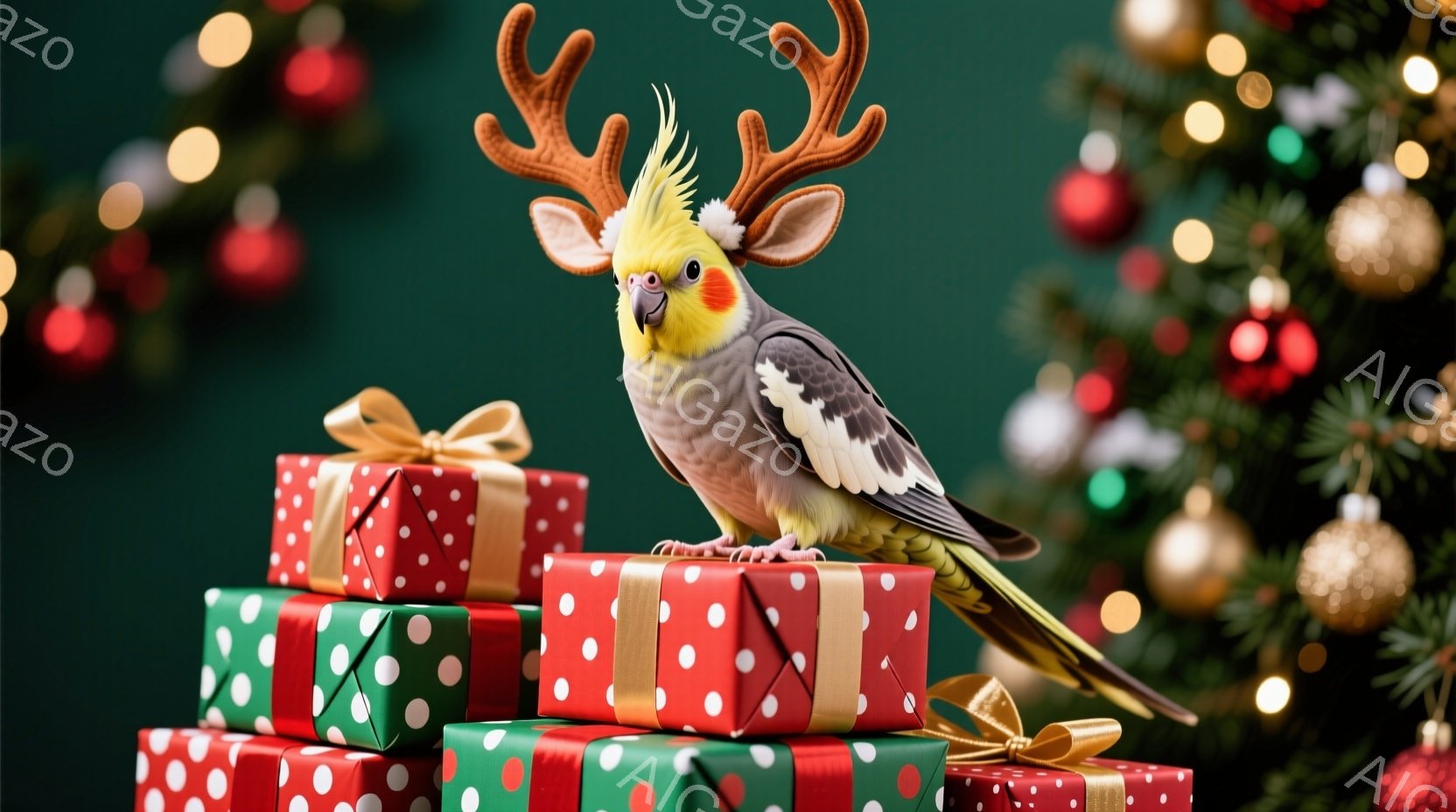 インコがプレゼントの山の上に座っており、頭にはトナカイの角が生えています。背景にはクリスマスツリーが飾られ、キラキラとした光が散りばめられています。全体的に陽気で可愛らしいクリスマスの雰囲気が漂っています。