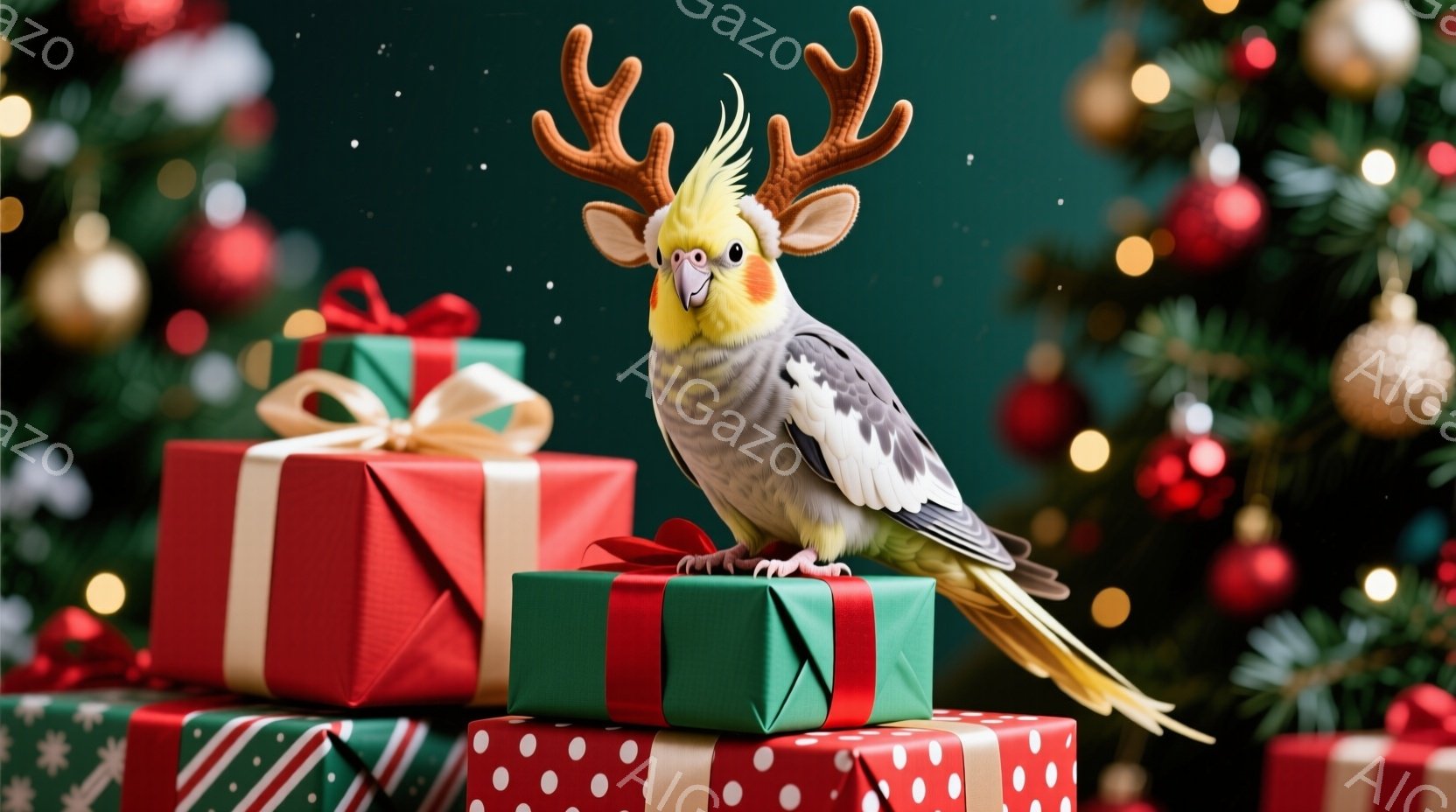 インコがクリスマスプレゼントの山の上に立っており、頭にはトナカイの角をつけている。背景には、赤や金色のオーナメントで飾られたクリスマスツリーがあり、全体的に華やかで遊び心のある雰囲気が漂っている。プレゼントは赤、緑、水玉模様で、インコは誇らしげな表情でこちらを見ている。