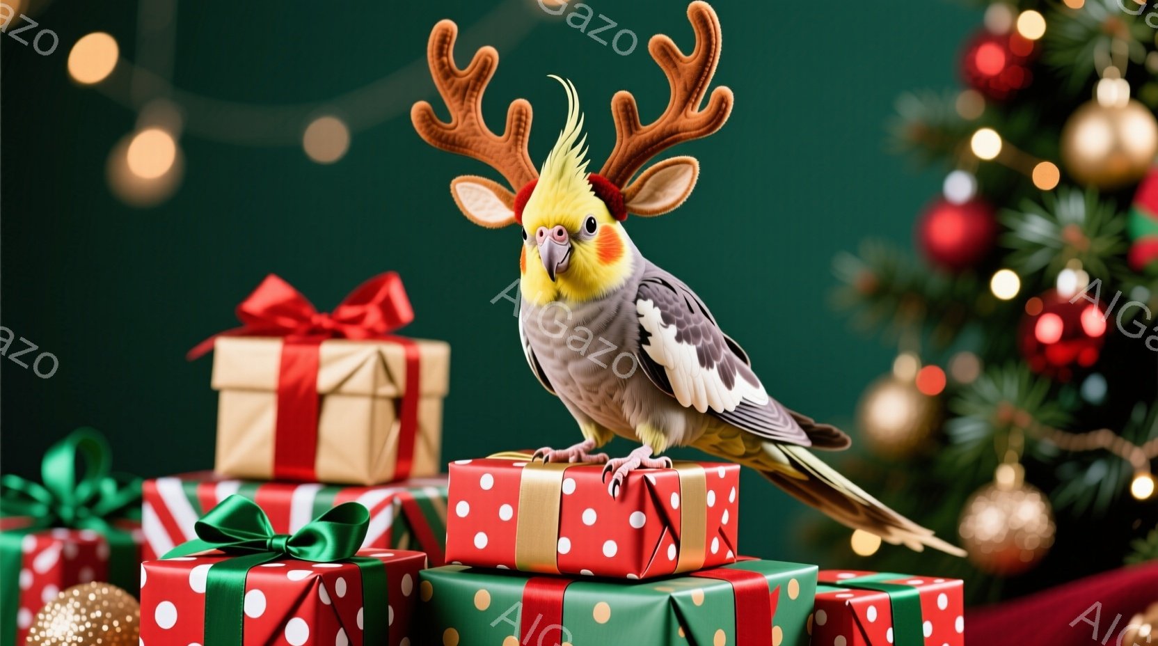 インコがクリスマスプレゼントの山の上に立っており、頭にはトナカイの角をつけている。背景には緑色のクリスマスツリーとキラキラ光る電飾があり、全体的に華やかで楽しい雰囲気が漂っている。プレゼントは赤と緑の包装紙で飾られ、インコのグレーと黄色の羽色とコントラストをなしている。