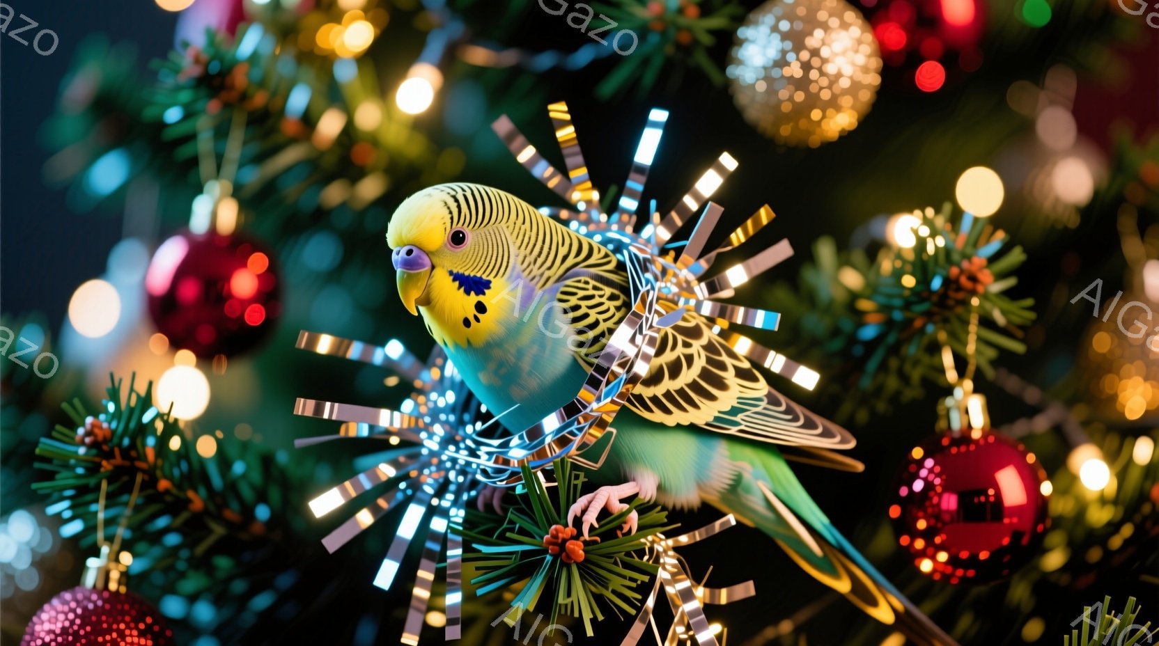 セキセイインコがクリスマスの飾り付けられた背景に止まっています。インコは緑と青の羽を持ち、首に銀色のキラキラした装飾を巻いています。背景には、緑色の葉、赤いオーナメント、そしてぼやけた光が散りばめられ、華やかで祝祭的な雰囲気が漂っています。