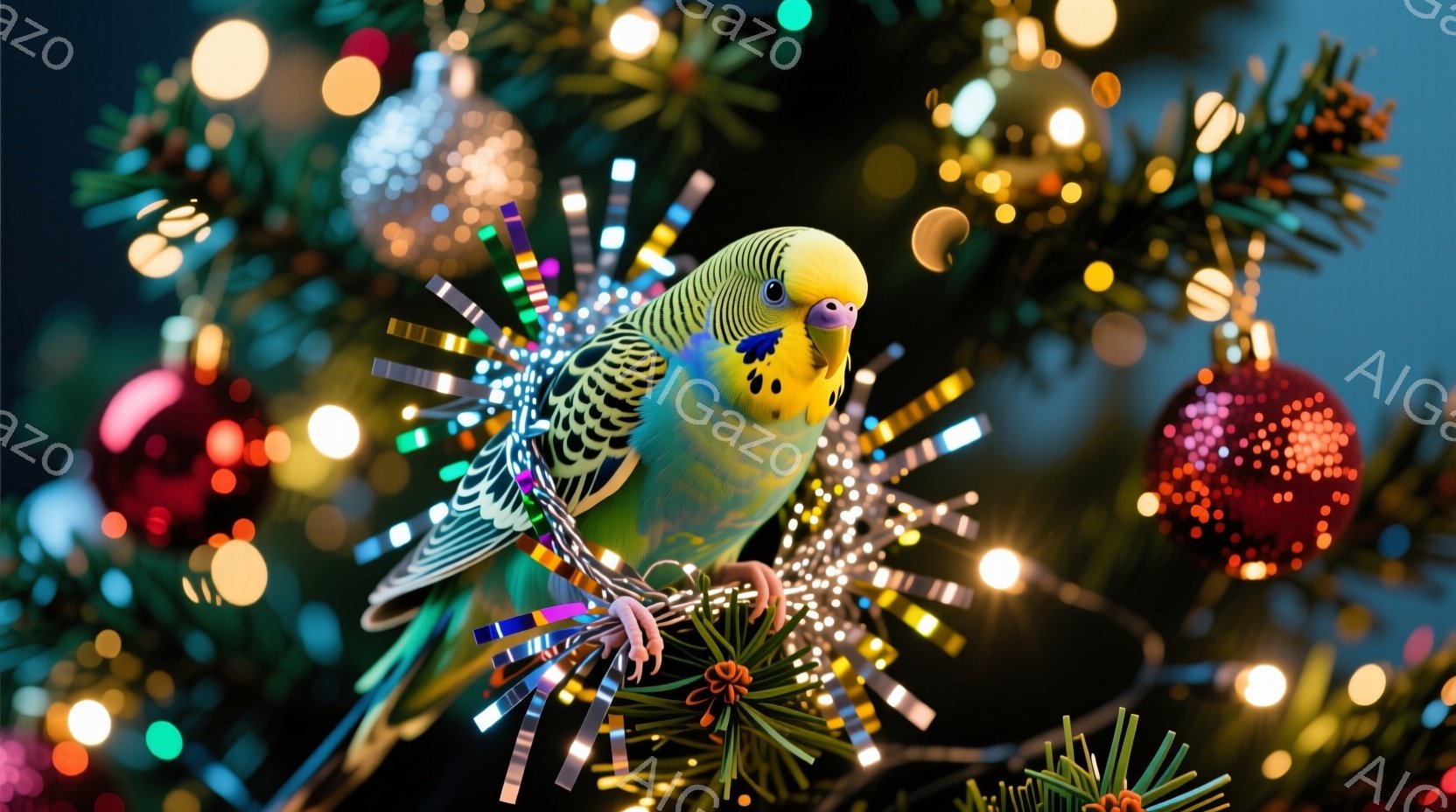 カラフルなクリスマスツリーの枝に、オカメインコが止まっています。オカメインコは鮮やかな黄緑色で、黒い模様が特徴的で、小さなリボン状の飾りを翼に付けているように見えます。背景は様々な色のクリスマスライト - AI生成フリー素材