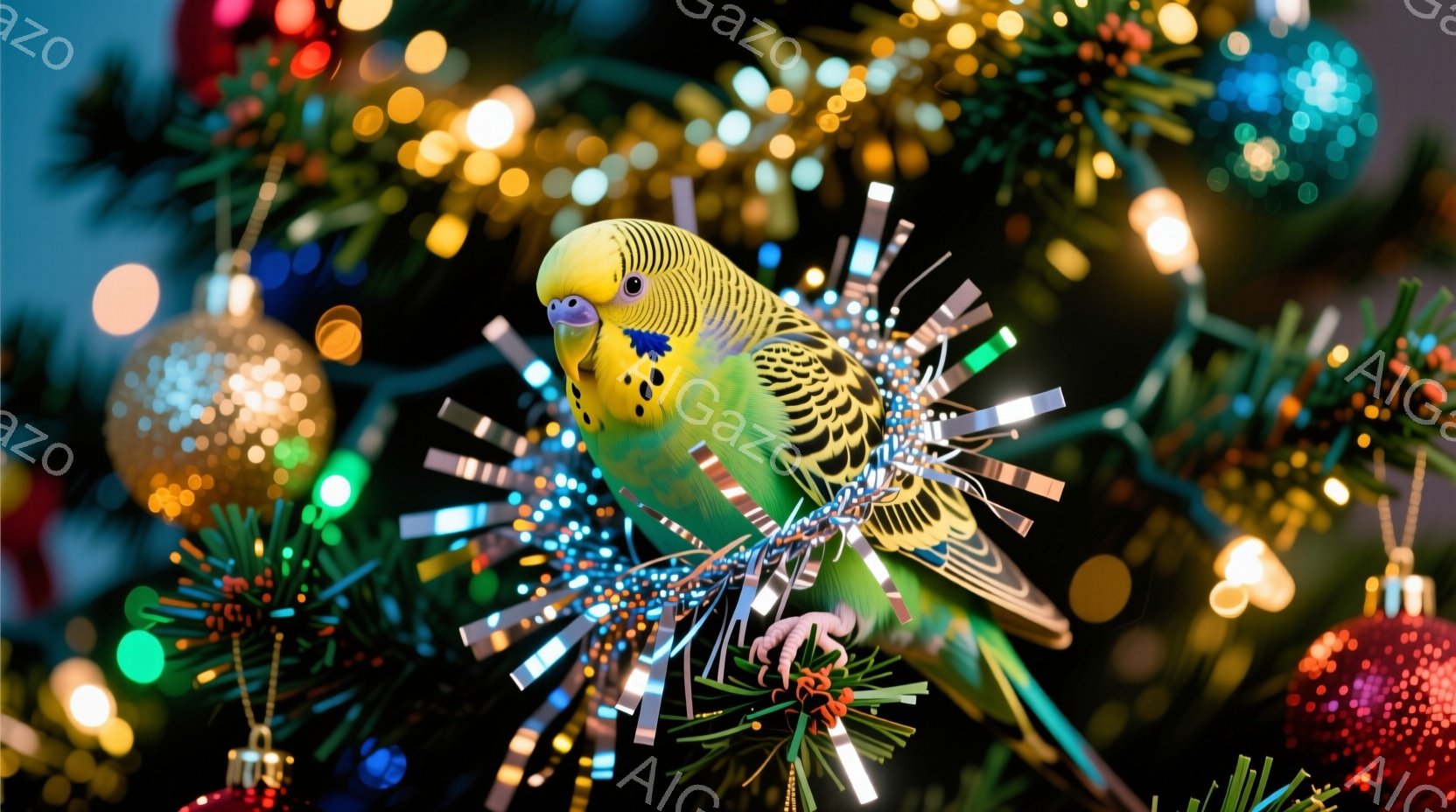 明るい背景にインコが飾られたクリスマスツリーに止まっています。インコは鮮やかな緑色で、足には赤い実が付いた枝がついています。背景には、ぼやけたクリスマスオーナメントや光が散りばめられ、華やかで祝祭的な雰囲気を醸し出しています。