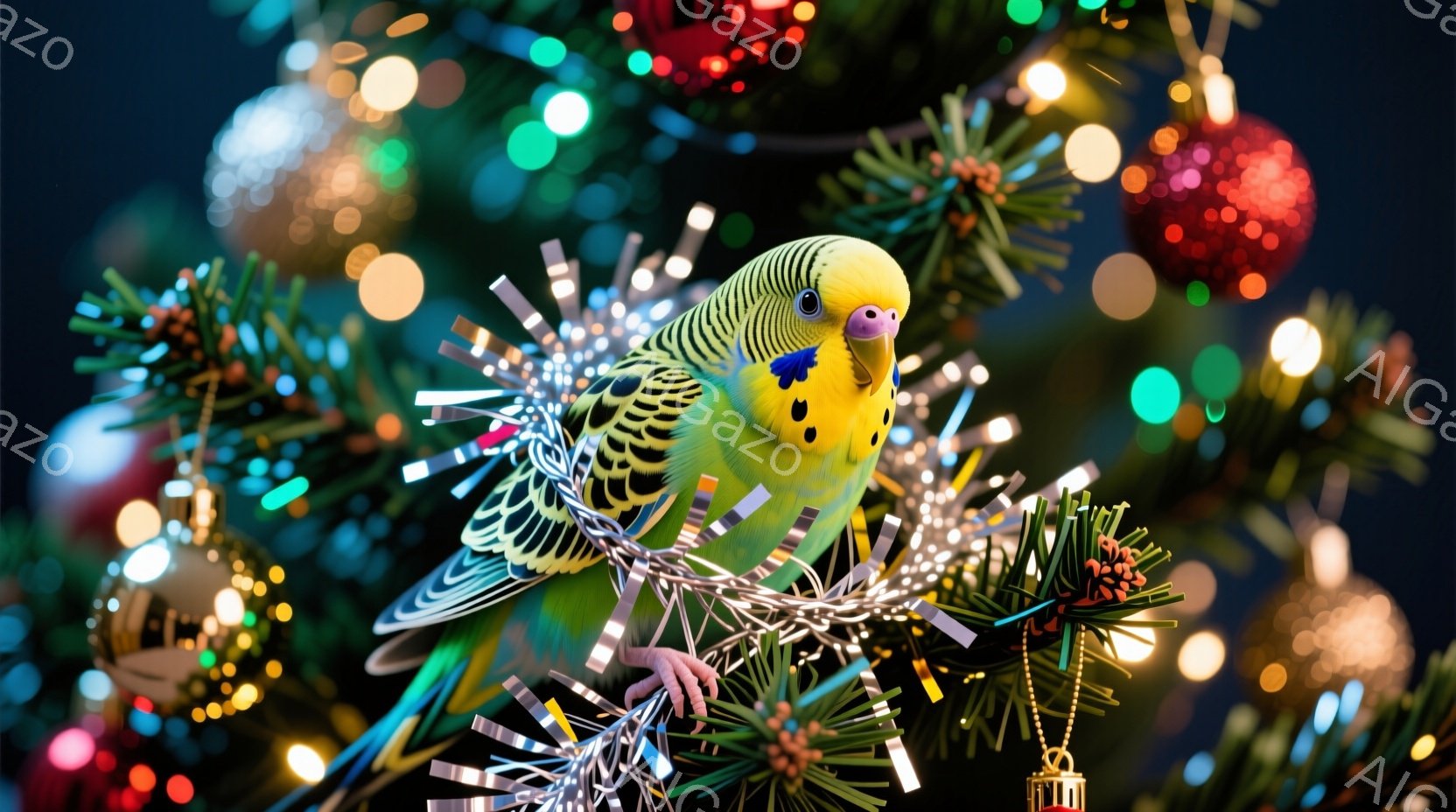 セキセイインコがクリスマスツリーの枝にとまっています。緑、青、黄色の美しい羽を持ち、キラキラした銀色の飾りにつかまっています。背景には、さまざまな色のクリスマスオーナメントや輝くライトがぼやけており、お祝いの雰囲気が漂っています。