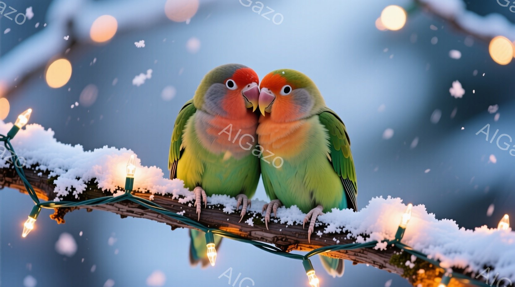 鮮やかな緑色のオカメインコが二羽、雪で覆われた枝にとまって寄り添い合っています。背景にはクリスマスのイルミネーションが輝き、冬の穏やかで温かい雰囲気を演出しています。雪と光のコントラストが、ほのぼのと - AI生成フリー素材
