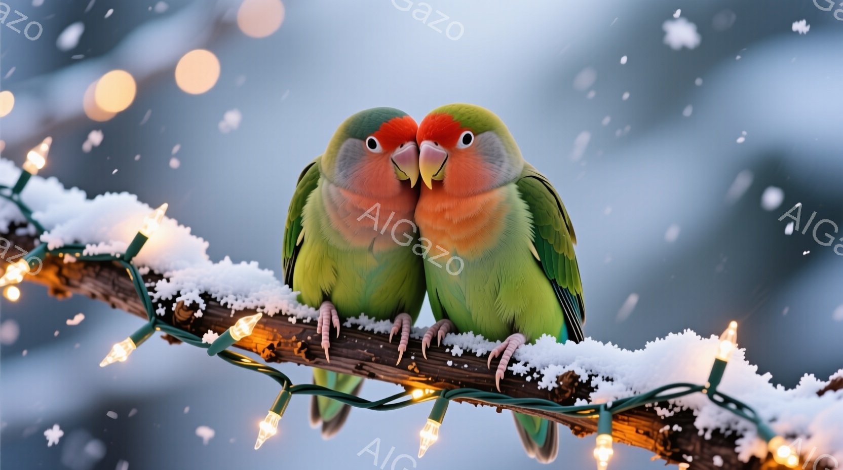 雪が舞う冬の背景に、二羽のオカメインコが雪で覆われた枝に寄り添って座っています。鮮やかな緑色の羽を持ち、赤い顔と白い羽根が特徴的で、互いに向かい合って穏やかな表情を浮かべています。枝にはクリスマスのイ - AI生成フリー素材