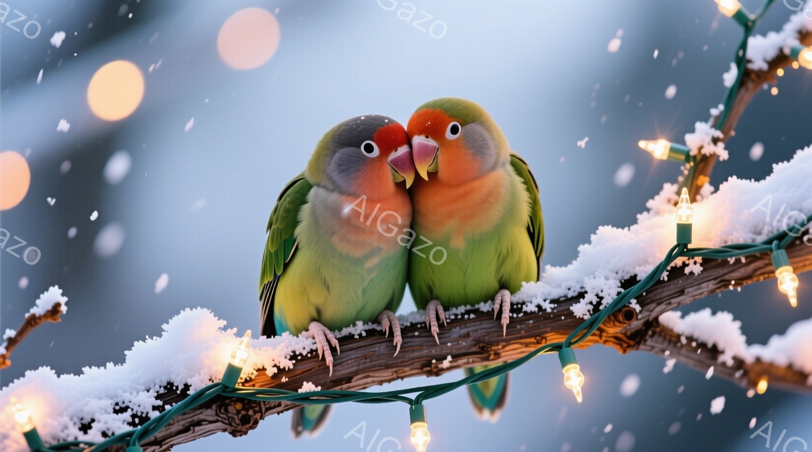 雪が降る中で、二羽の愛情豊かな緑色のオカメインコが、雪で覆われた枝に寄り添っています。彼らは互いに顔を寄せ合い、優しい表情で暖を取り合っているように見えます。背景にはぼやけた光のストリングが輝き、ロマ - AI生成フリー素材