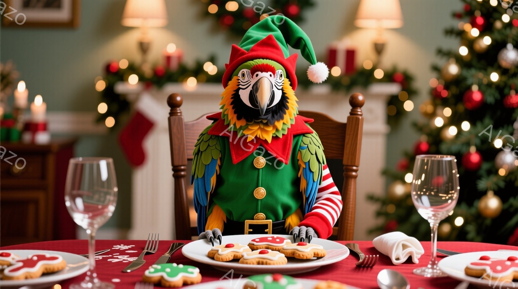 鮮やかな緑色のエルフの衣装を身に着けたオウムが、クリスマスらしい食卓に座っています。赤い帽子と白い手袋が特徴的で、テーブルにはクリスマスクッキーが並んだお皿が置かれています。背景にはクリスマスツリーの - AI生成フリー素材