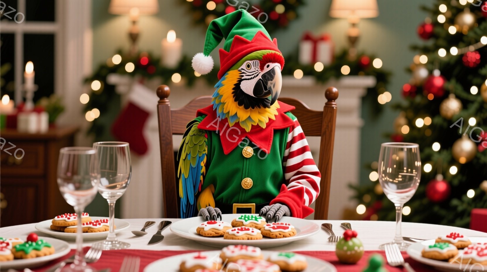 クリスマスをテーマにした写真には、緑色のエルフの衣装を着たオウムが写っています。オウムはテーブルに座り、前に置かれたクッキーの皿を見つめています。背景にはクリスマスツリーが飾られ、温かく、お祝いの雰囲 - AI生成フリー素材