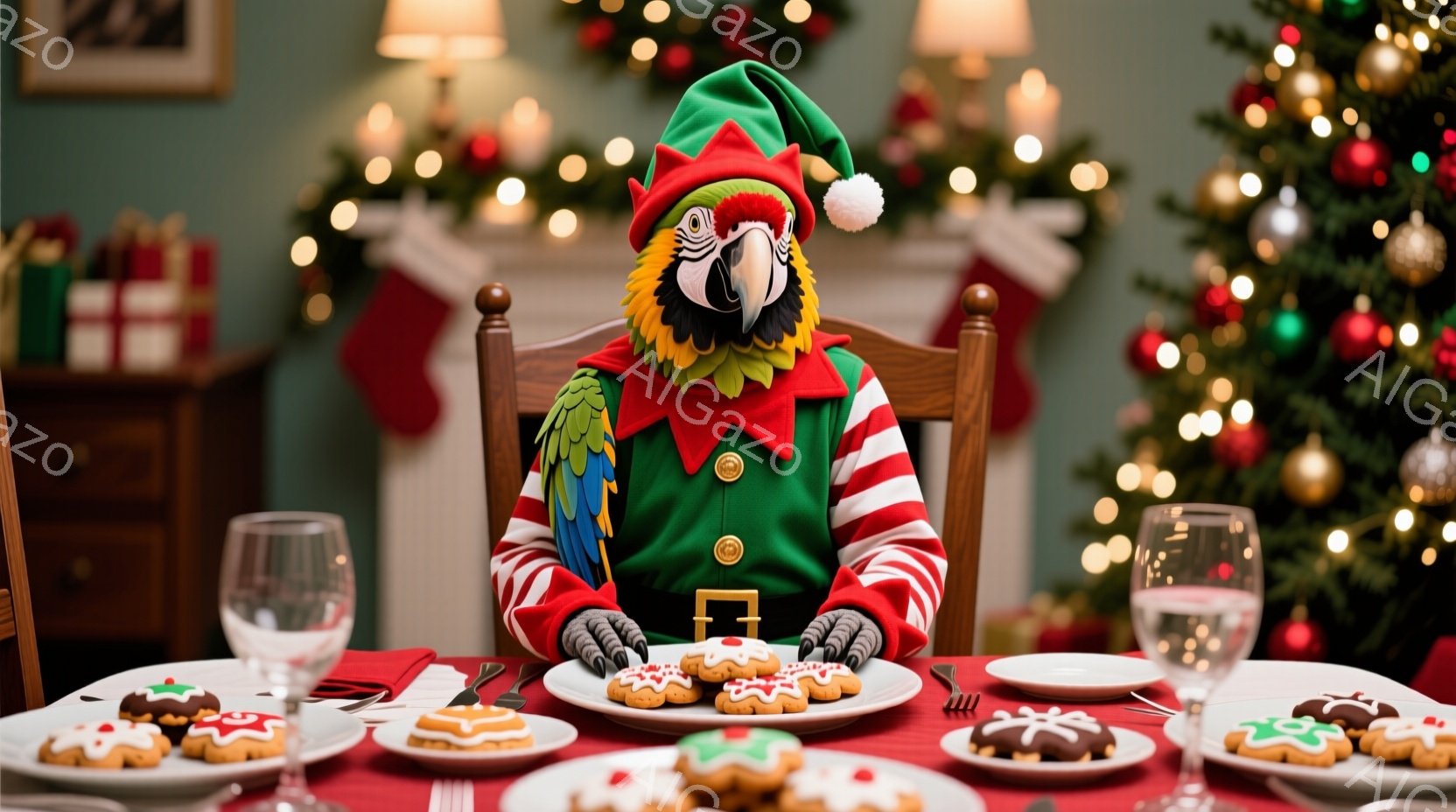 クリスマスツリーを背景に、緑色のエルフの衣装を着たオウムが食卓に着いている。テーブルにはクッキーが盛られたお皿が複数並び、オウムは両手で一つのお皿を前にして座っている。暖炉とプレゼント、キラキラ光るク - AI生成フリー素材