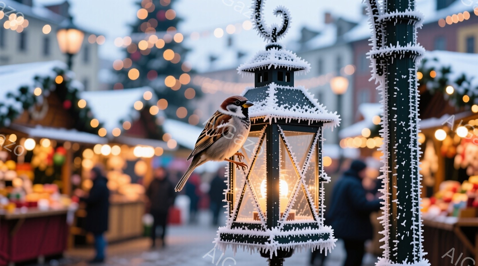 白鳥が装飾された街灯にとまっており、冬の市場の賑わいを見下ろしている。背景には、ぼやけた人々とカラフルな屋台が並び、クリスマスの飾り付けが暖かさを添えている。全体的に、冬の祝祭の穏やかで魅力的な雰囲気 - AI生成フリー素材