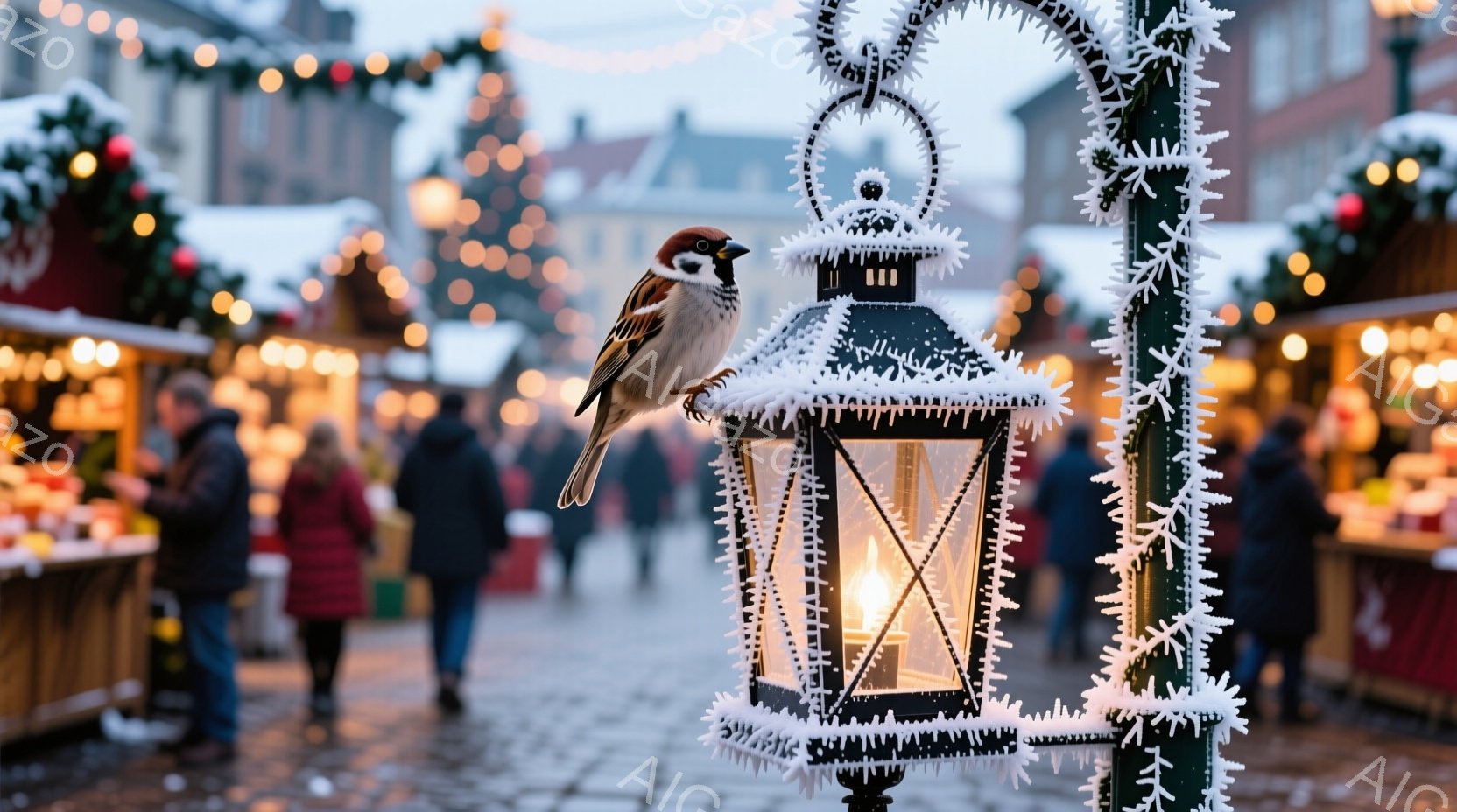 石畳の道に沿ってクリスマスの装飾が施されたランタンが立ち並び、その一つに雀が止まっています。背景には、クリスマスマーケットの屋台が並び、人々の姿も見え、賑やかな雰囲気が感じられます。全体的に温かい光と装飾が、冬の祝祭の喜びと静けさを表現しています。