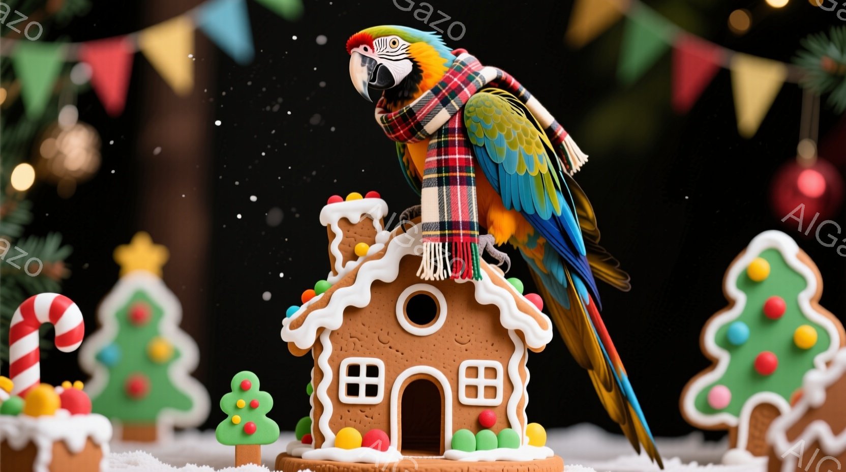 カラフルなコンゴウインコが、ジンジャーブレッドで作られた家に止まっています。インコは赤いチェック柄のショールを首に巻き、雪がちらつくクリスマスの背景に、暖かく陽気な雰囲気が漂っています。背景には、キャ - AI生成フリー素材