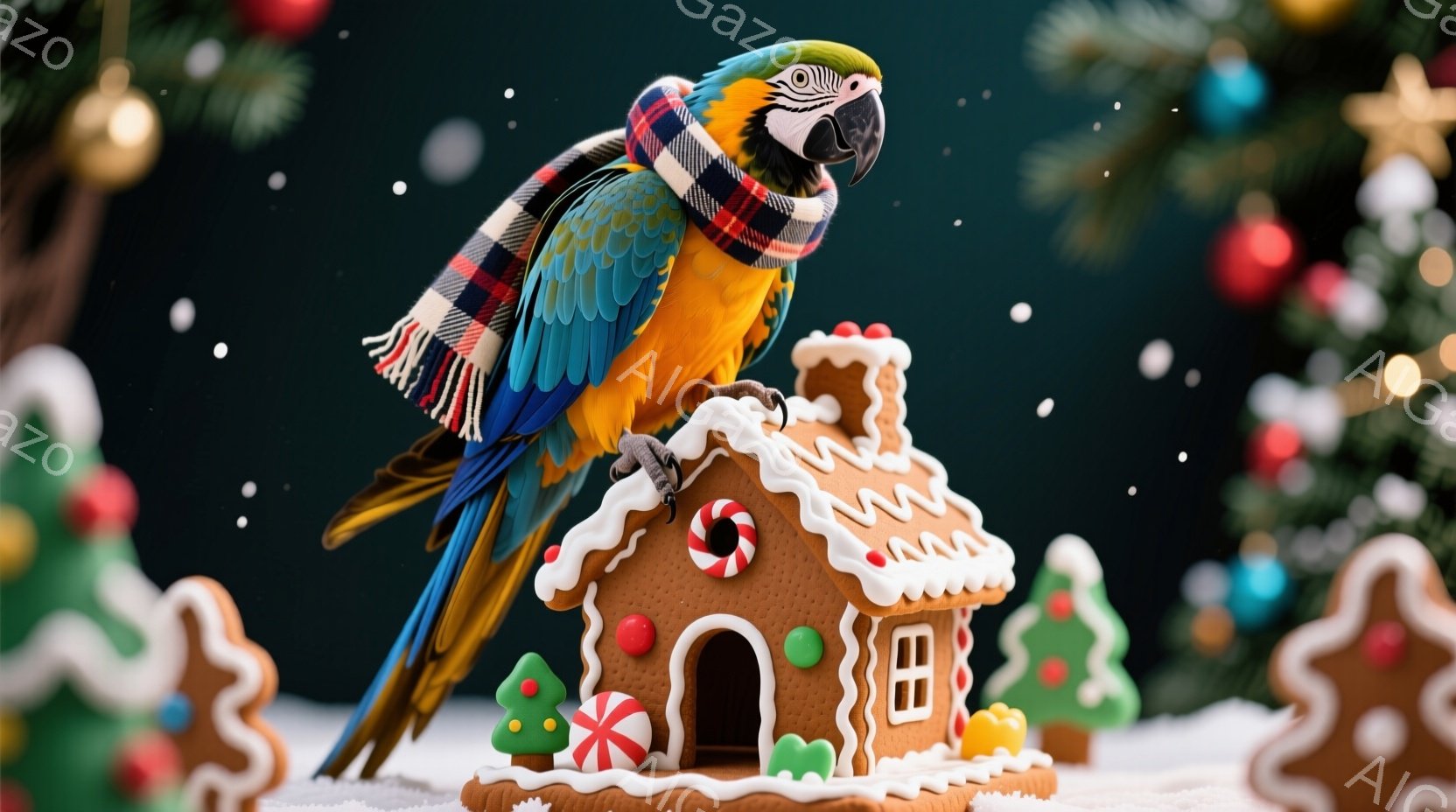 明るい青、緑、黄色の美しいコンゴウインコが、ジンジャーブレッドで作られた家に腰掛けている。インコはチェック柄のスカーフを首に巻き、少し上目遣いでこちらを見ている。背景にはクリスマスツリーがぼんやりと見え、ジンジャーブレッドクッキーが雪の上に散らばっており、温かくお祝いの雰囲気を醸し出している。
