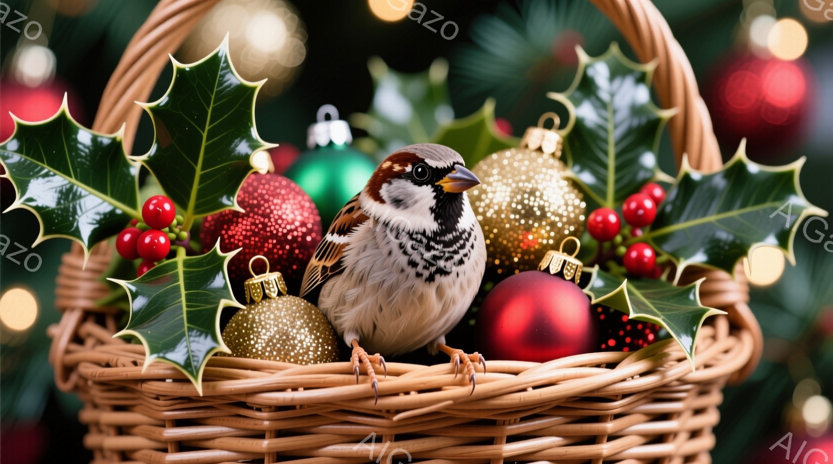 籠の中に、茶色と灰色の縞模様の小さなスズメがちょこんと座っています。周囲には赤い実の付いた緑の葉や、金、赤、緑のクリスマスオーナメントが散りばめられ、背景にはぼやけた光が灯っています。暖かく、クリスマスの雰囲気が漂う、可愛らしい光景です。