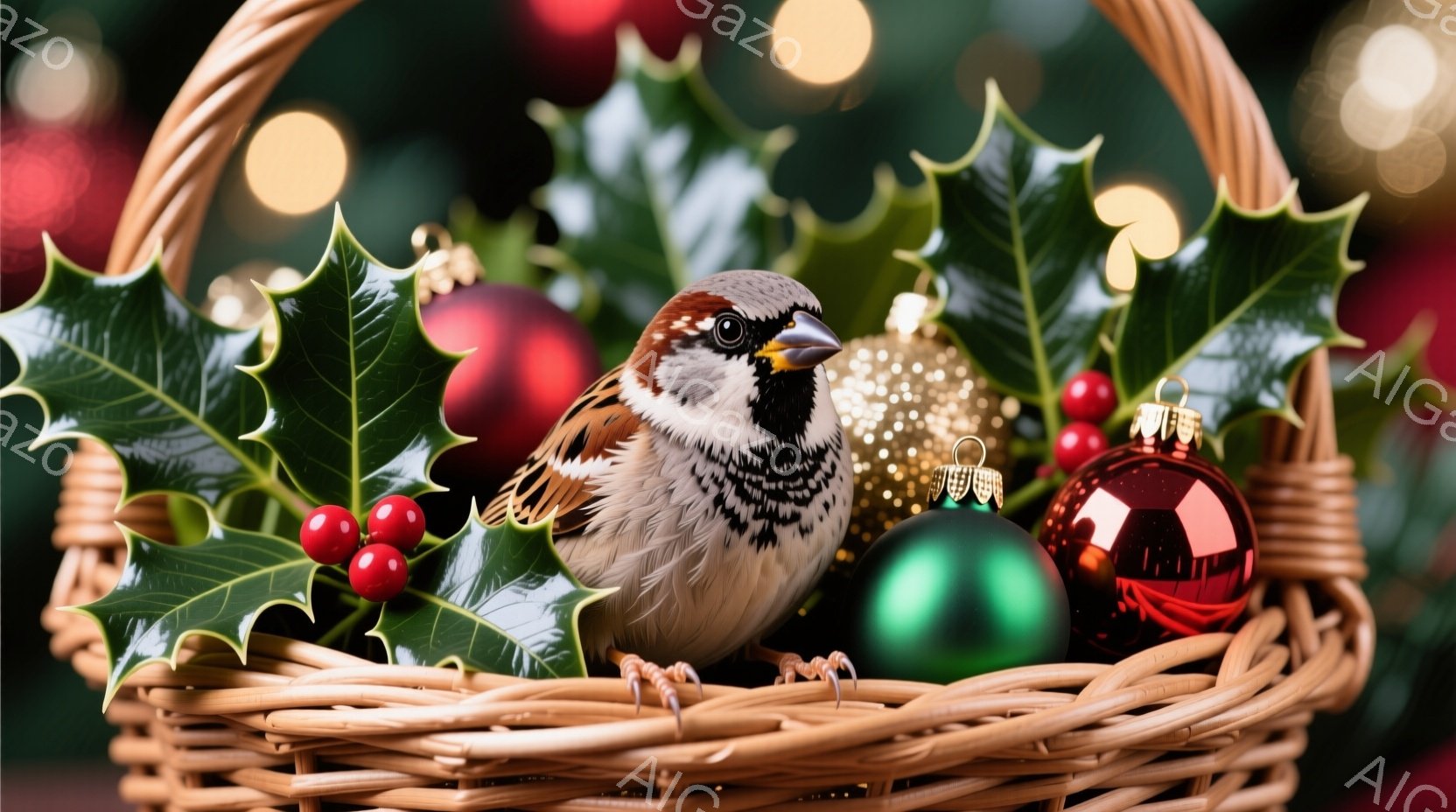 籠の中にスズメがちょこんと座っており、クリスマスの飾りと共に写っています。スズメは茶色と黒の斑点模様で、鋭い眼光で正面を見ています。背景には緑の葉と赤い実、そして光るクリスマスオーナメントが散りばめられ、冬の温かく華やかな雰囲気を醸し出しています。
