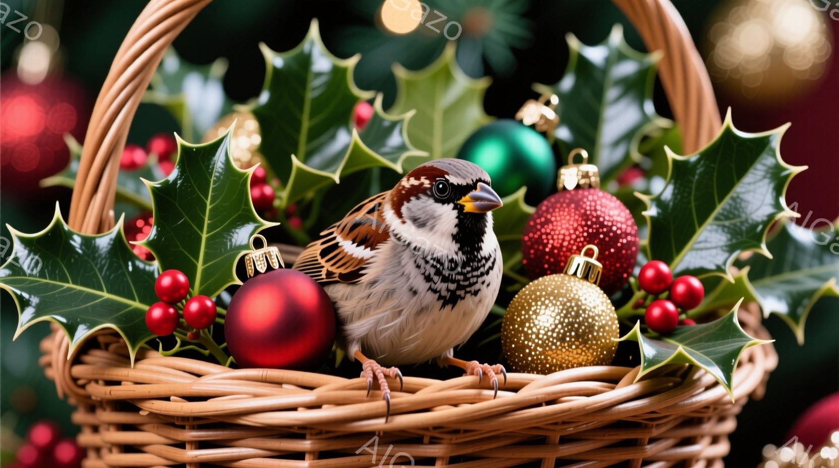 籠の中にスズメがちょこんと座っており、周囲には赤い実の付いた葉や、赤、金、緑のクリスマスオーナメントが飾られています。スズメは灰色の羽毛を持ち、鋭い眼差しで正面を見ています。背景はぼかされており、ホリデーシーズンの温かく穏やかな雰囲気を醸し出しています。
