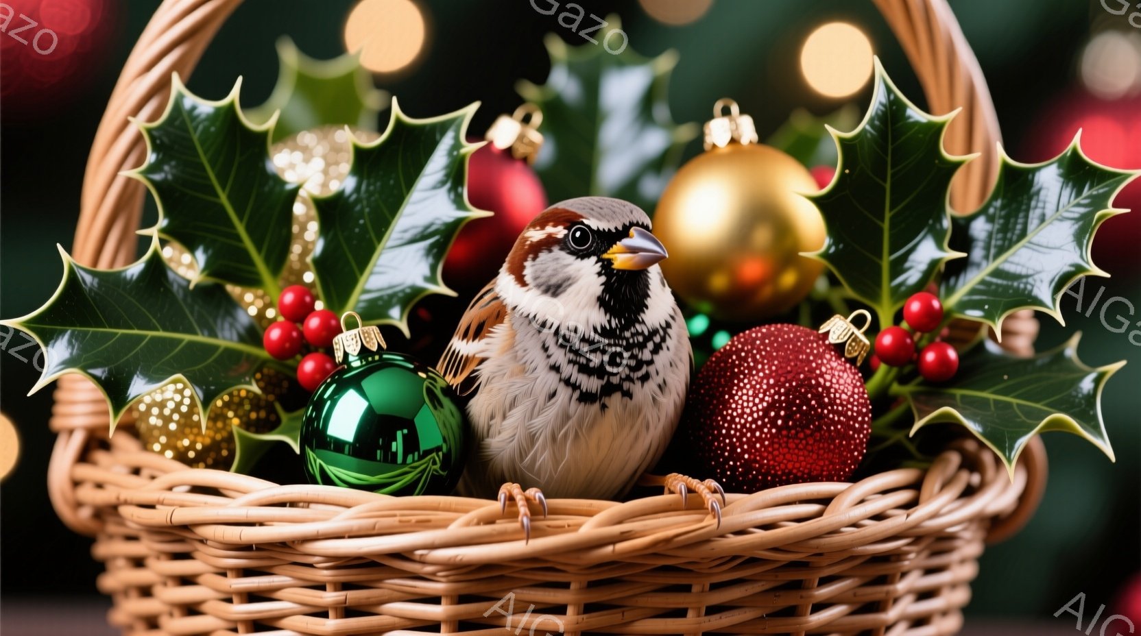 籠の中にスズメがちょこんと座っており、周囲にはクリスマスオーナメントが飾られています。スズメは茶色と白の羽毛を持ち、黒い目と鋭い嘴が特徴的です。背景には緑の葉とぼやけた光が広がり、クリスマスの温かく、お祝いの雰囲気を醸し出しています。