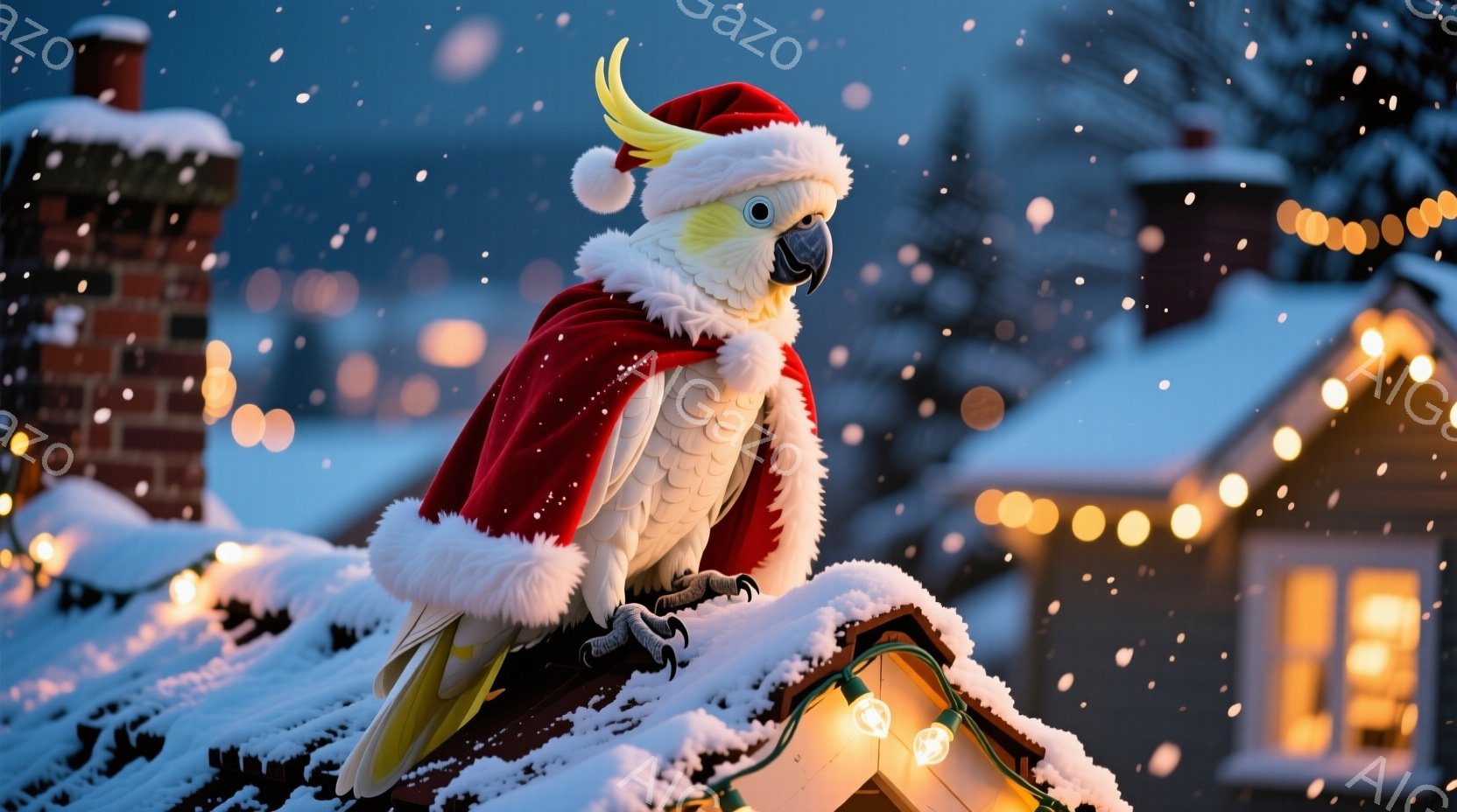 雪をまとった屋根の上に、サンタ帽と赤いマントを身につけたオウムが立っている。オウムは少し前を見据え、落ち着いた表情で、冬の風景を見渡しているようだ。背景には、雪に覆われた家々と輝くイルミネーションが広 - AI生成フリー素材