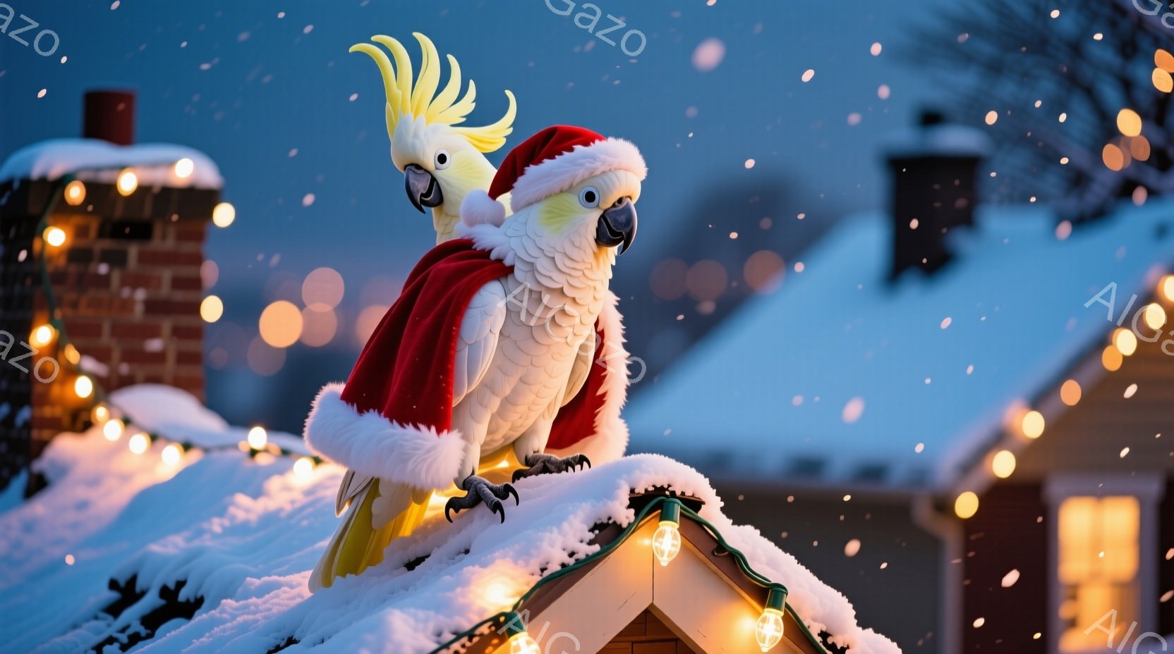 雪に覆われた屋根の上に、サンタの帽子と赤いマントを身につけたオカメインコが二羽並んで座っています。背景には、暖かい光で飾られた家々が見え、雪が静かに降り積もる冬の光景が広がっています。全体的に、クリス - AI生成フリー素材