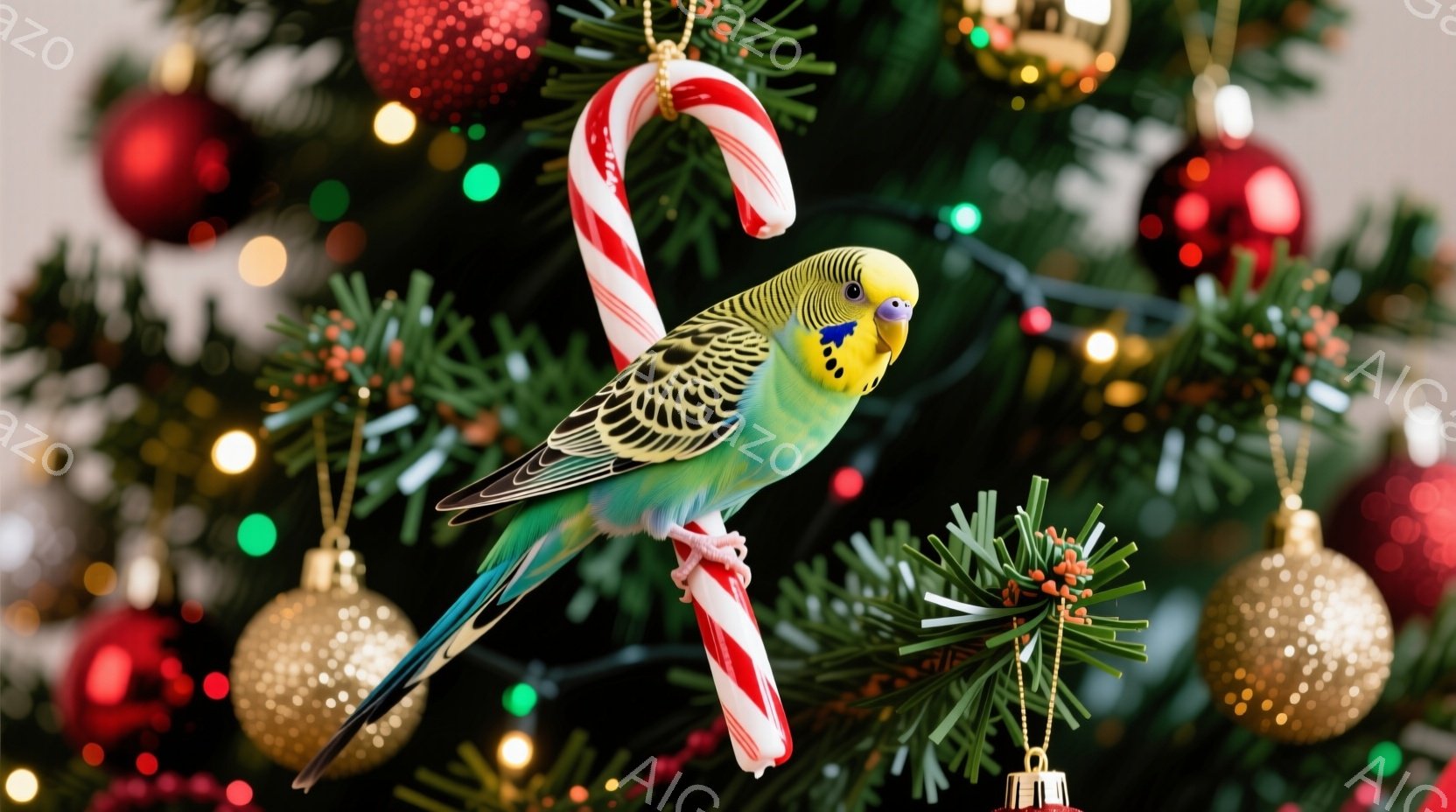 鮮やかな緑色のセキセイインコが、赤と白のキャンディケーンに止まっています。背景には、赤や金色のオーナメントで飾られたクリスマスツリーの緑が広がり、キラキラとした光が暖かく、お祝いの雰囲気を醸し出しています。インコは落ち着いており、クリスマスシーズンらしい可愛らしい光景です。