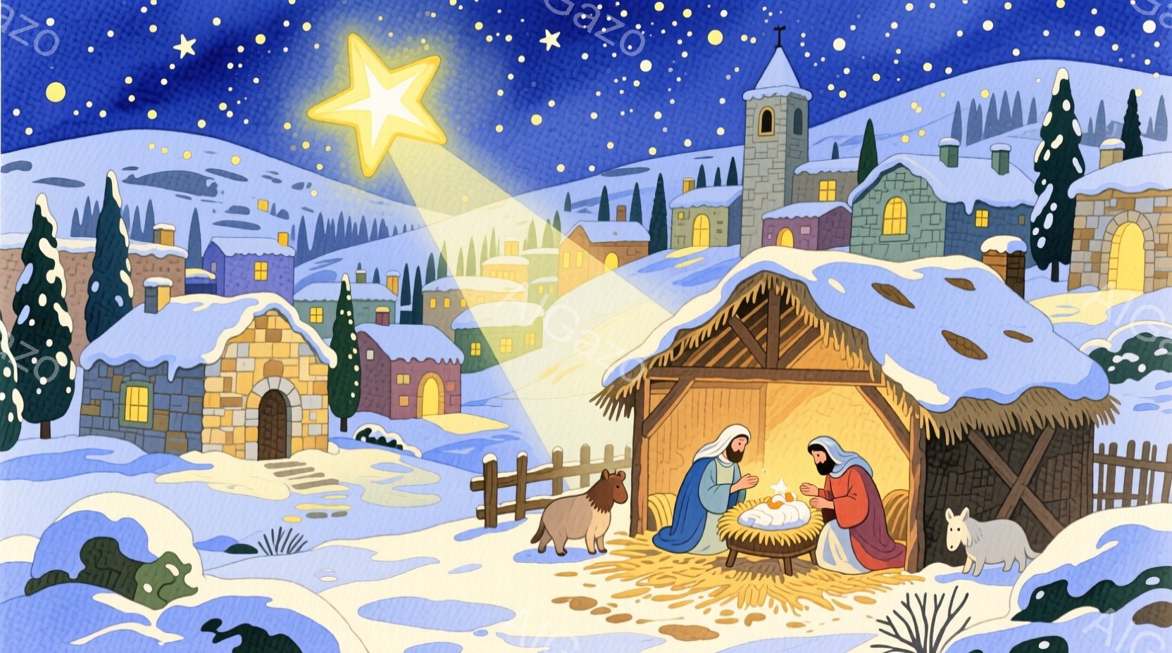 雪に覆われた丘の上に、藁葺きの小屋が建っており、中にはイエス・キリストの誕生場面が描かれています。聖母マリアは赤ん坊のイエスを抱き、横には夫のヨセフが座り、穏やかな表情でそれを見守っています。小屋の外には柵があり、犬と羊が寄り添い、背景には雪景色の中に家々が並び、星空が輝き、全体的に温かく静謐な雰囲気が漂っています。