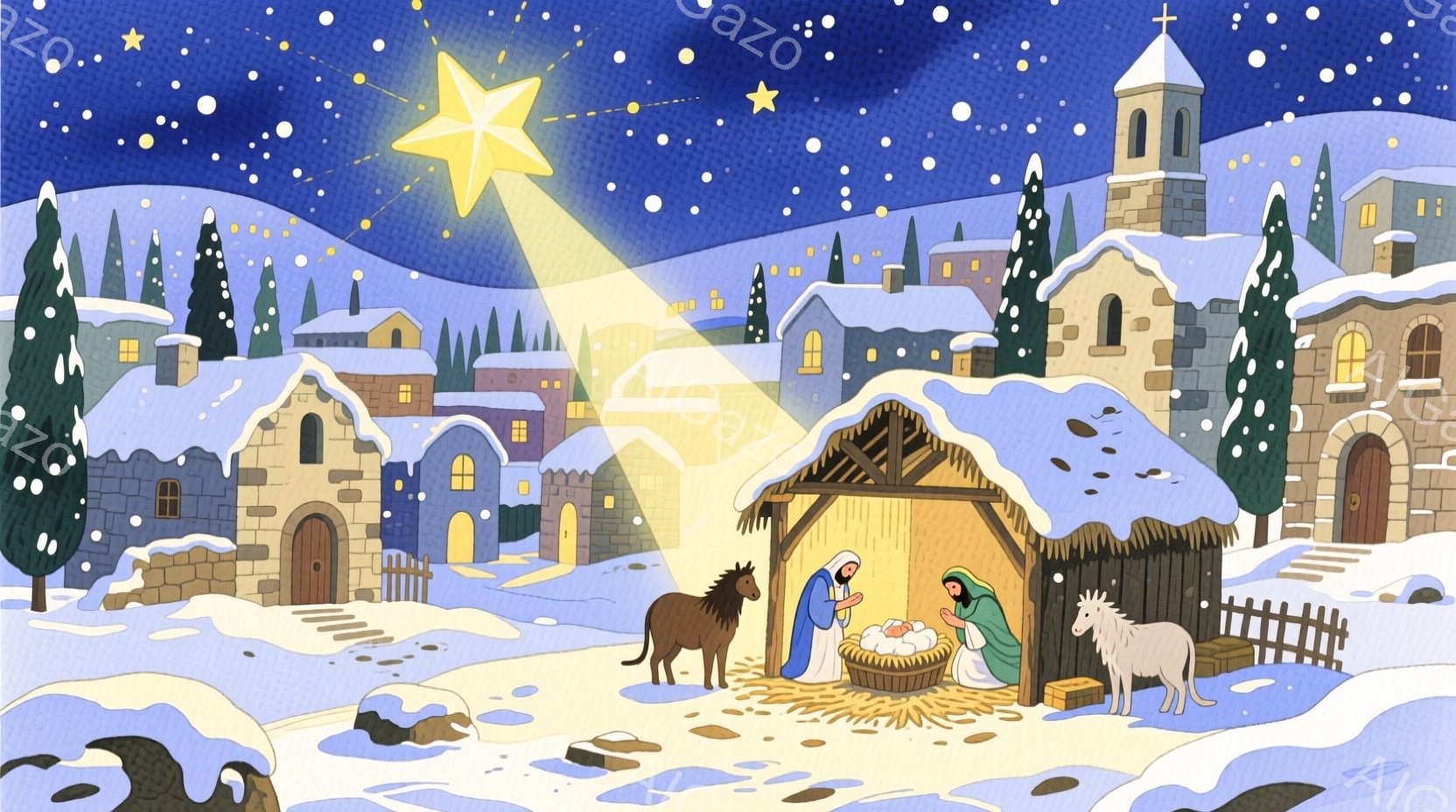 雪が降る夜のベツレヘムの風景で、馬とロバが納屋の周りにいます。マリアは幼いイエスを抱き、敬虔な表情で座っており、彼女は赤い頭巾と青いローブを着ています。背景には、雪を頂いた家々や教会が並び、星が輝き、全体的に神聖で静謐な雰囲気が漂っています。