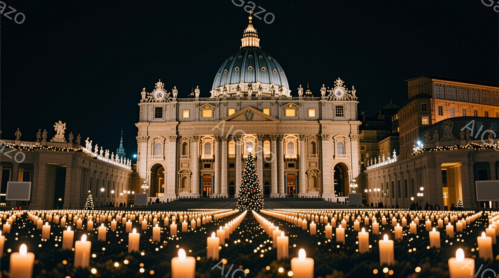 バチカン市の聖ペテロ大聖堂が夜間に無数のキャンドルに囲まれており、荘厳な雰囲気を醸し出している。聖堂はライトアップされ、背景には暗闇が広がり、クリスマスツリーが中央に配置されている。キャンドルは遠近感 - AI生成フリー素材