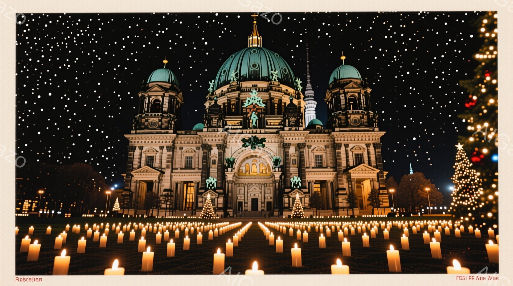 夜のベルリン大聖堂が、無数のキャンドルによってライトアップされた幻想的な光景が広がっています。大聖堂は荘厳な姿を保ちつつ、キャンドルの温かい光によって柔らかい雰囲気を醸し出しており、背景には暗闇の中にぼんやりと木々が見えます。全体として、静かで神聖なクリスマスの雰囲気を感じさせる美しい光景です。