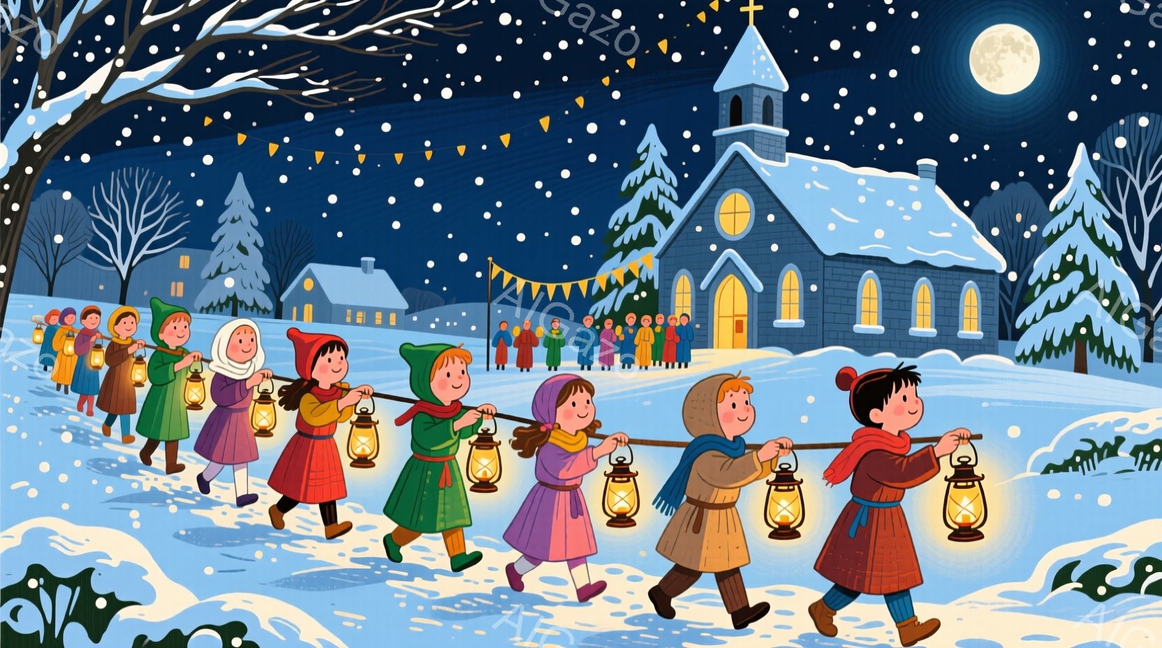 雪が降り積もる夜、ランタンを持った子どもたちが一列になって教会に向かっています。子どもたちは赤い帽子やマフラーを身につけ、楽しそうな表情で歩いています。背景には雪で覆われた教会と家々が描かれ、冬の暖か - AI生成フリー素材