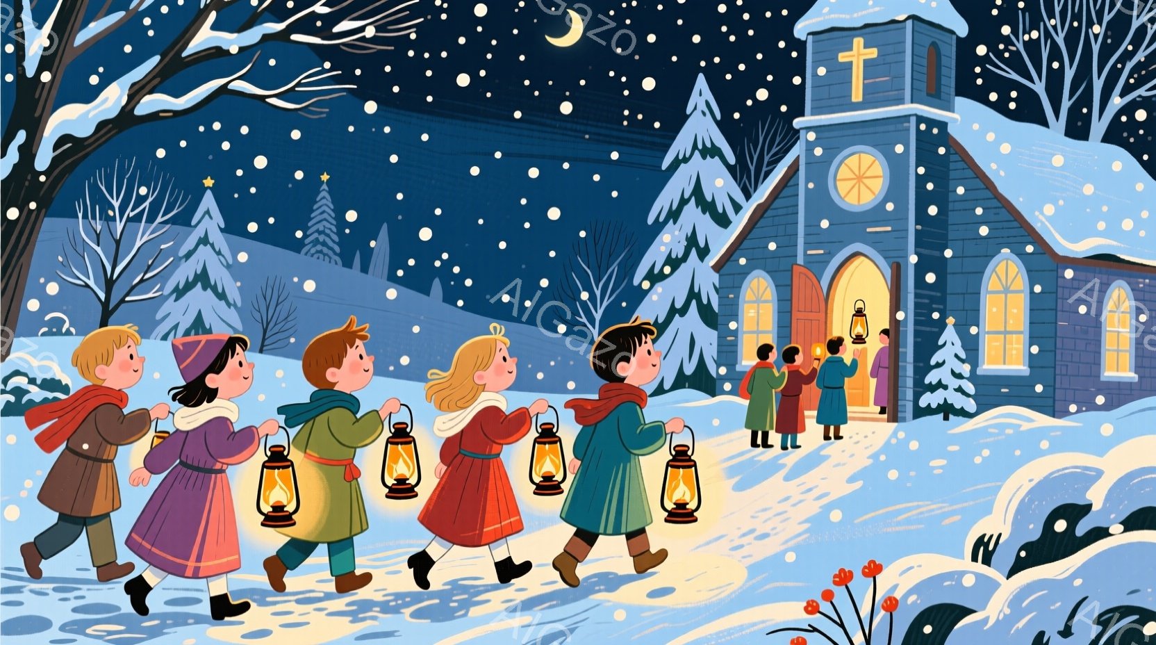 雪が舞う夜、ランタンを手に教会へ向かう子供たちの列が描かれています。子供たちは赤いジャケットや緑のコートなど、暖かそうな冬の服装をしており、それぞれ楽しそうな表情をしています。背景には雪に覆われた教会 - AI生成フリー素材